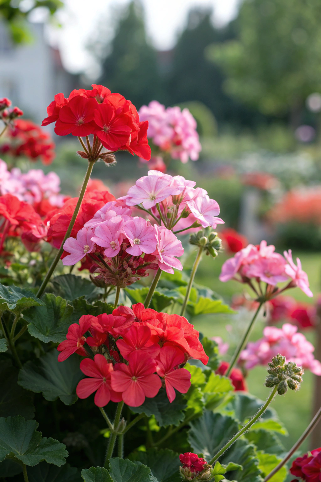 A vibrant display of geranium flowers in shades of red and pink.