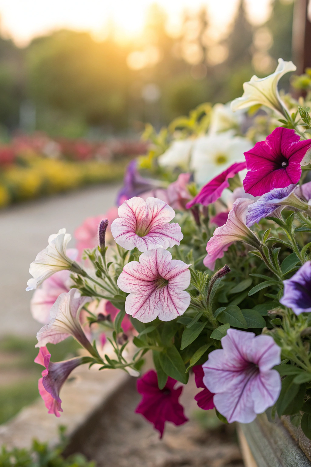 A colorful arrangement of petunias in various vibrant shades.