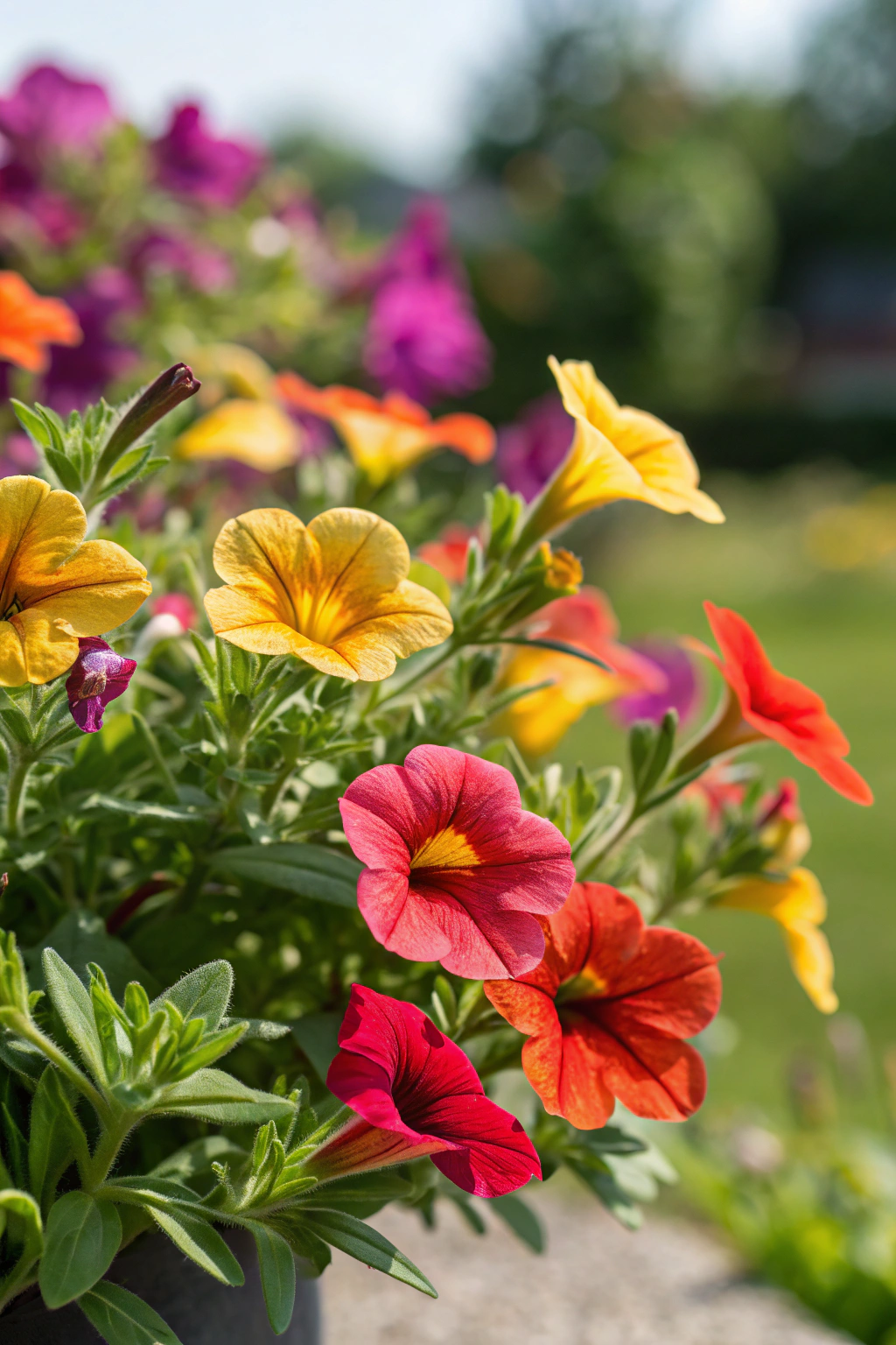 A vibrant display of calibrachoa flowers in bright colors.