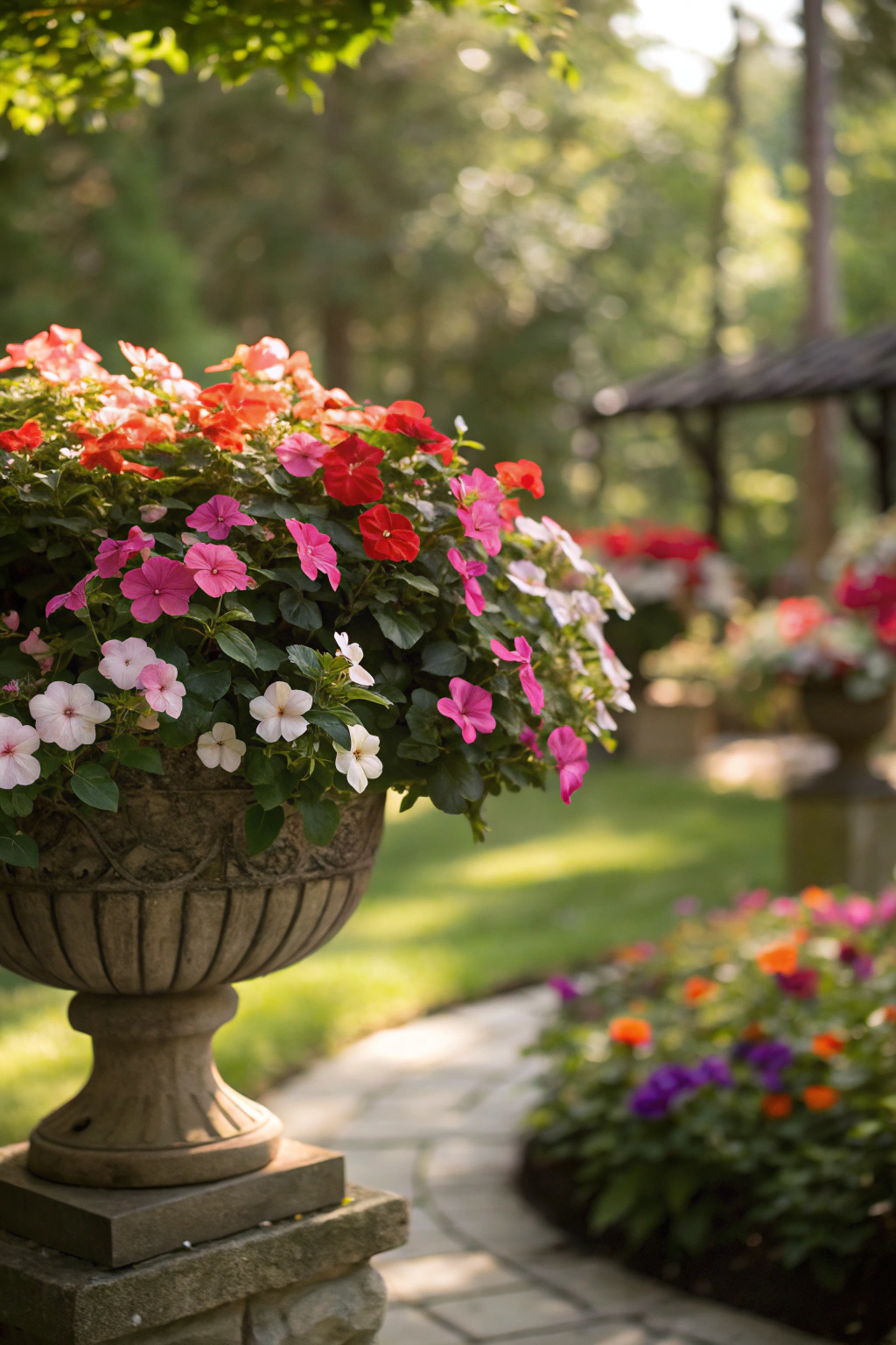 A lush arrangement of impatiens flowers in various vibrant colors.
