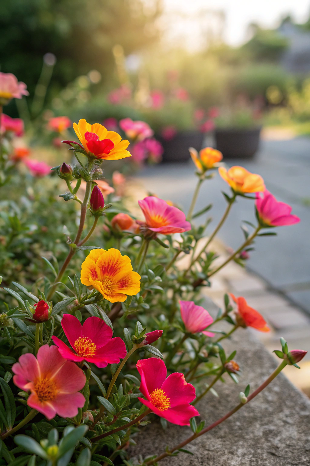 A colorful display of portulaca flowers in bright hues.