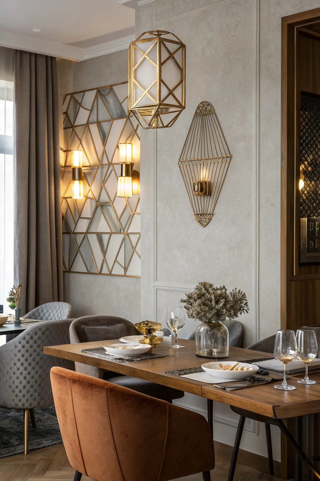 A retro dining room with geometric wall sconces illuminating a wooden dining table.