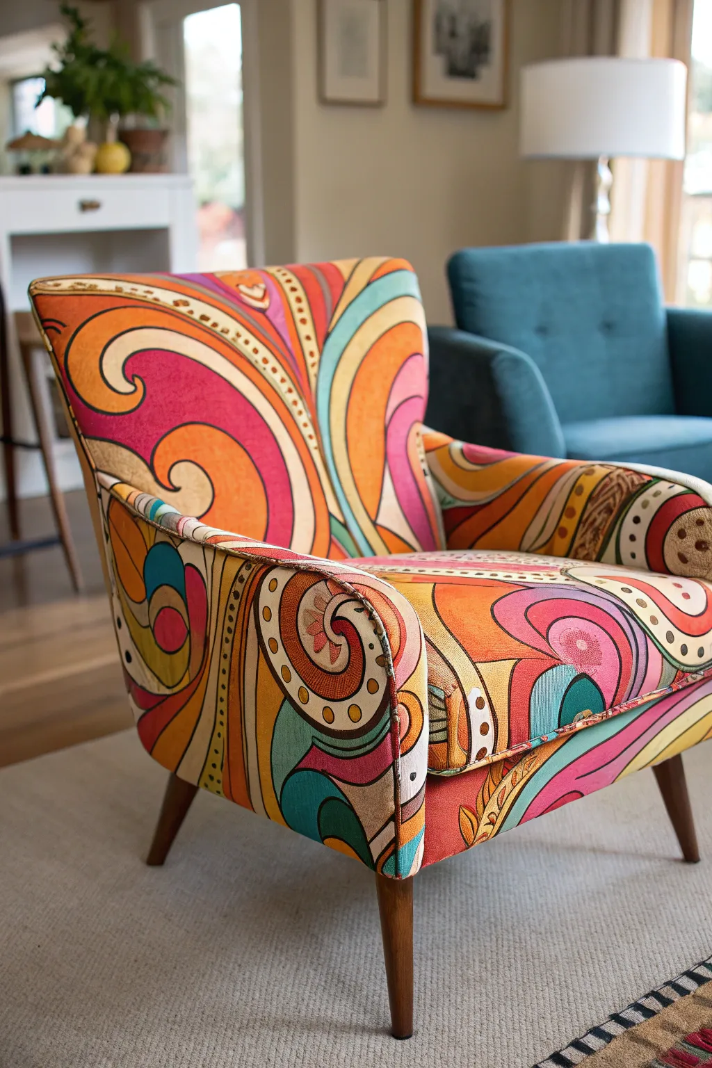 A vintage chair with psychedelic upholstery patterns in a cozy living room.