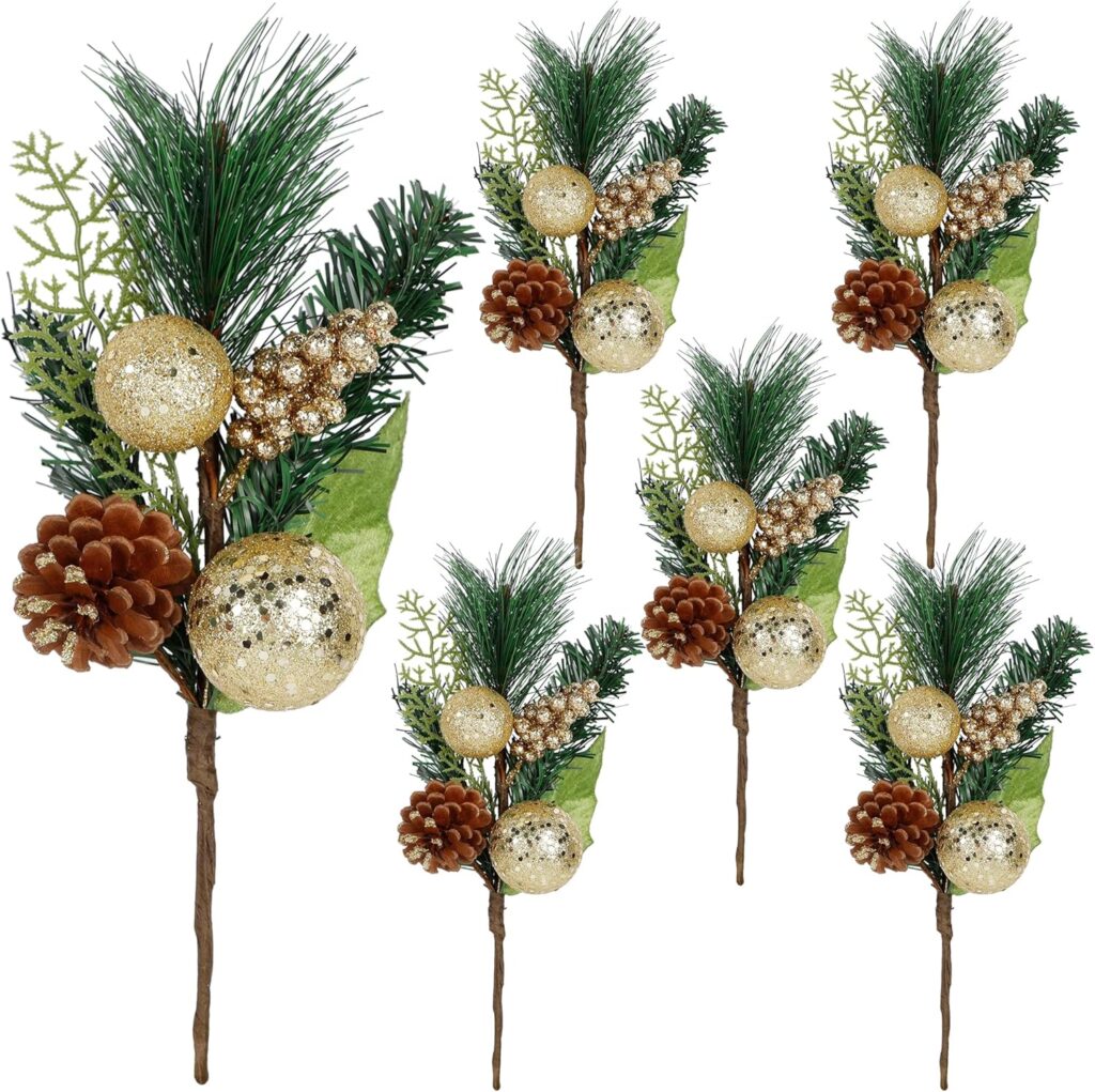 DR.DUDU Christmas Tree Ornaments 6 Pcs 12'' Gold Picks and Sprays with Brown Pine Cone Green Poinsettia Leaf, Artificial Berry Branches Stems Decorations DIY Crafts for Vase Filler Wreath Decor (Gold)