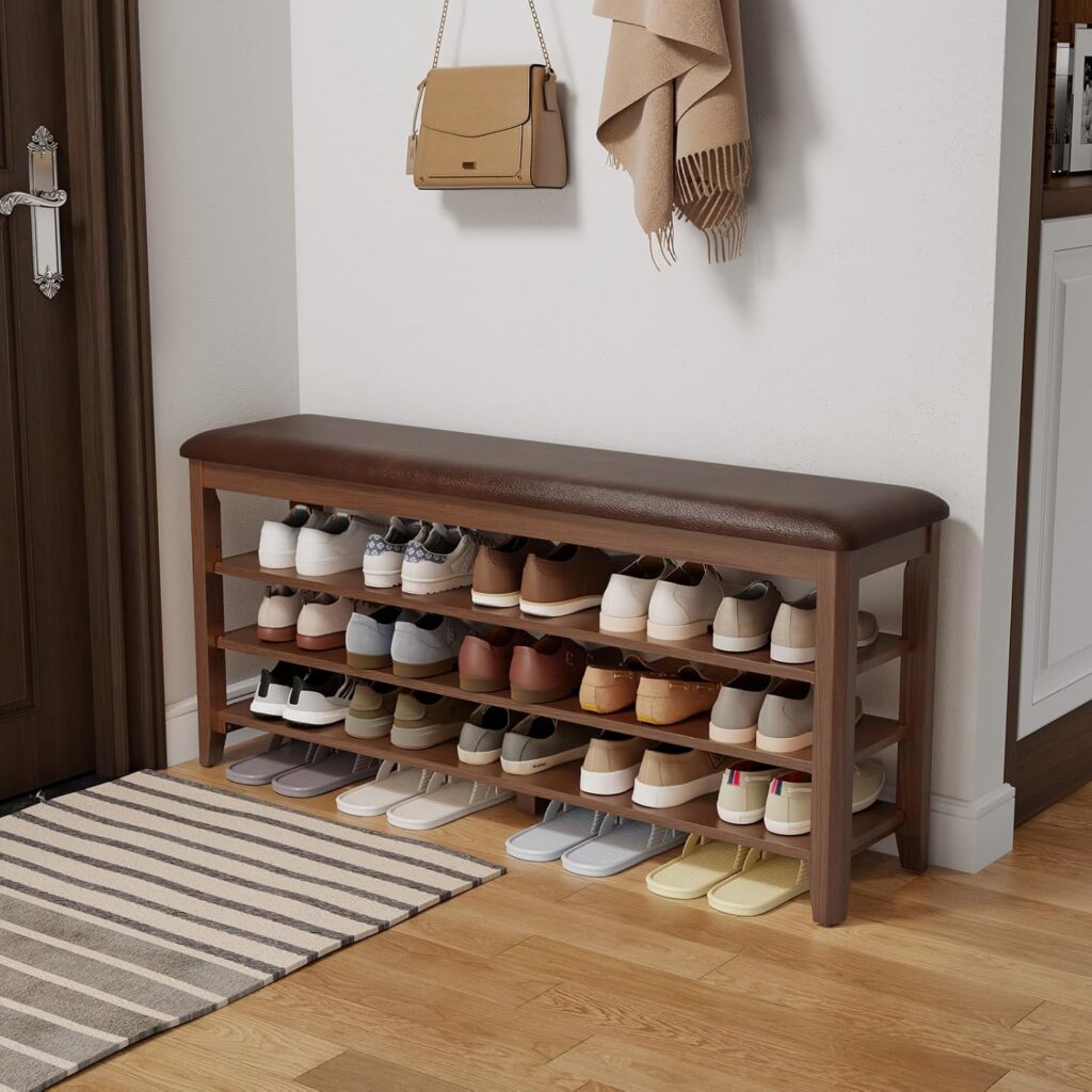 AQIMUELE Shoe Bench with Leather Cushion, 3 Tiers Shoe Storage Bench Height Adjustable, Walnut Wood Entryway Bench for Hallway, Mudroom
