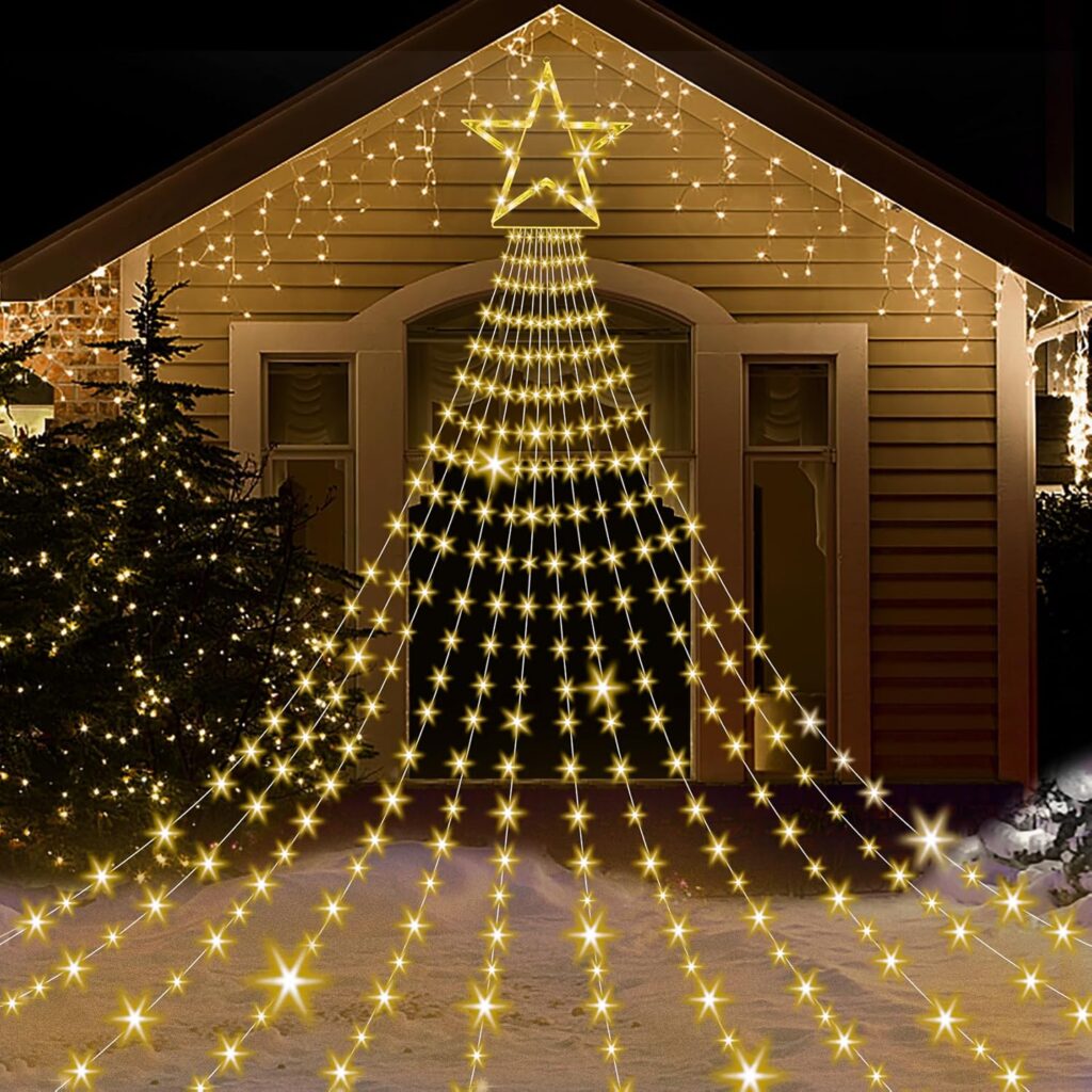 Onory Christmas Outdoor Star String Lights 23FT 860 LED Waterproof Waterfall Tree Lights with Star Topper, 8 Modes Christmas Decorations Outdoor Tree Lights for Patio, Yard, Party Holiday Dec