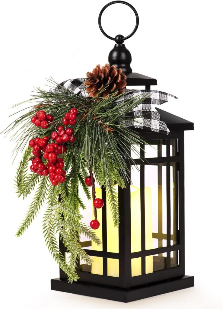 Metal Christmas Vintage Candle Lanterns with Led Light,Plaid Ribbon Decorative Hanging Lantern for Indoor Outdoor Decorations Party Gift, Christmas Porch Decor,WOKEISE