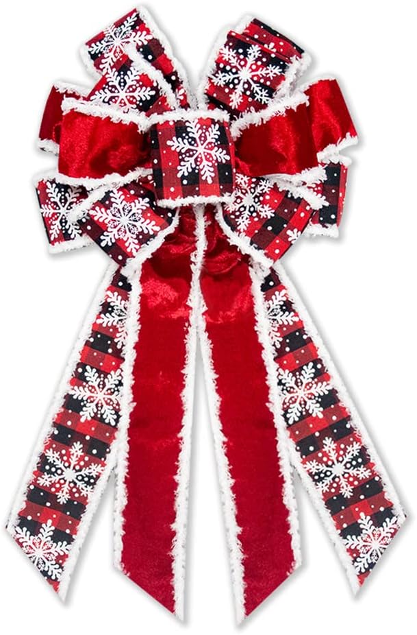 Large Red Velvet Snowflake Christmas Bow for Wreath - Black Red Buffalo Plaid for Front Door Indoor Outdoor Wall Decoration - Winter Holiday Decor Supplies Ornament