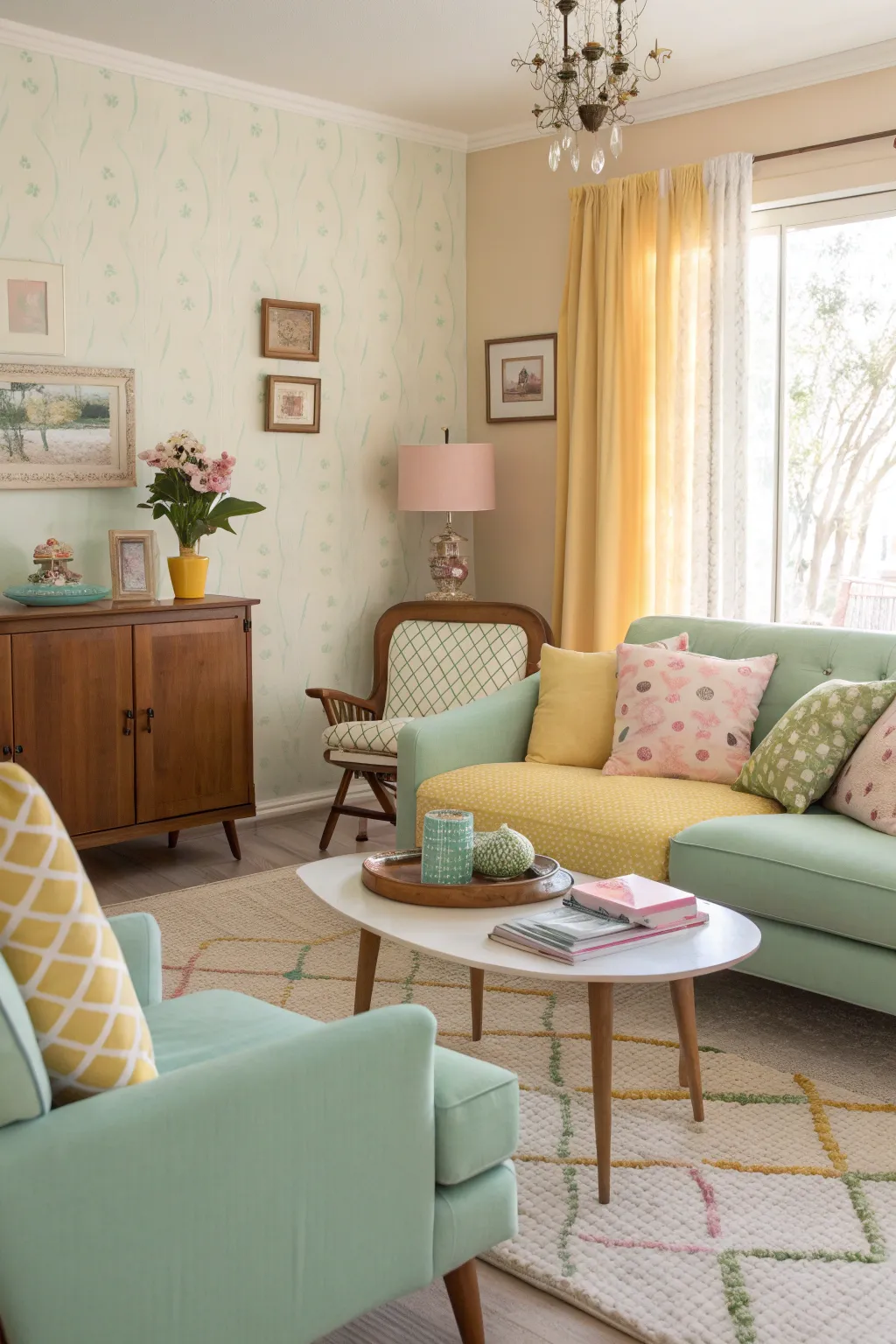 A 1950s living room with pastel hues of mint green, pink, and yellow.