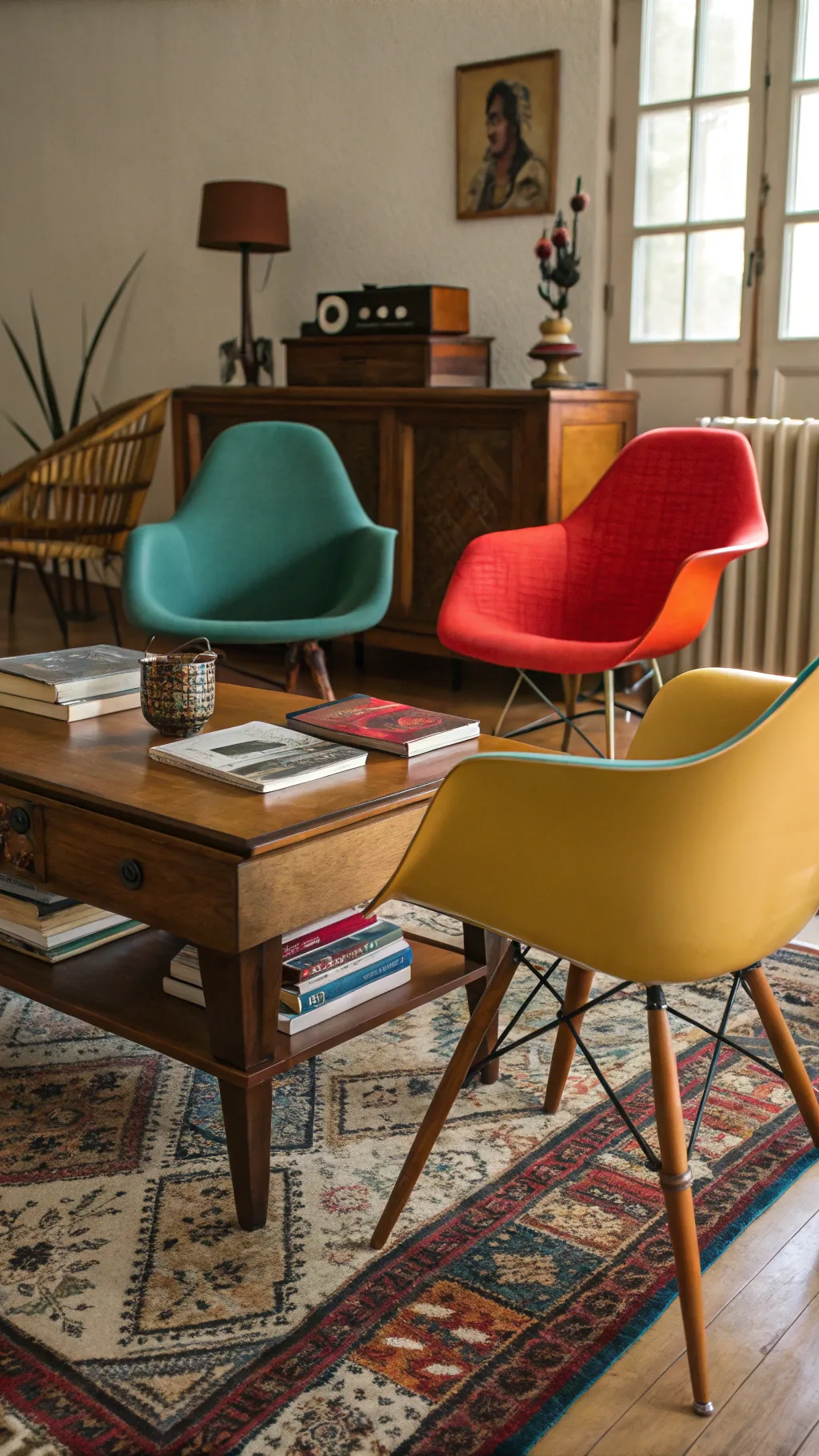 A vintage living room showcasing colorful retro chairs and a wooden coffee table.