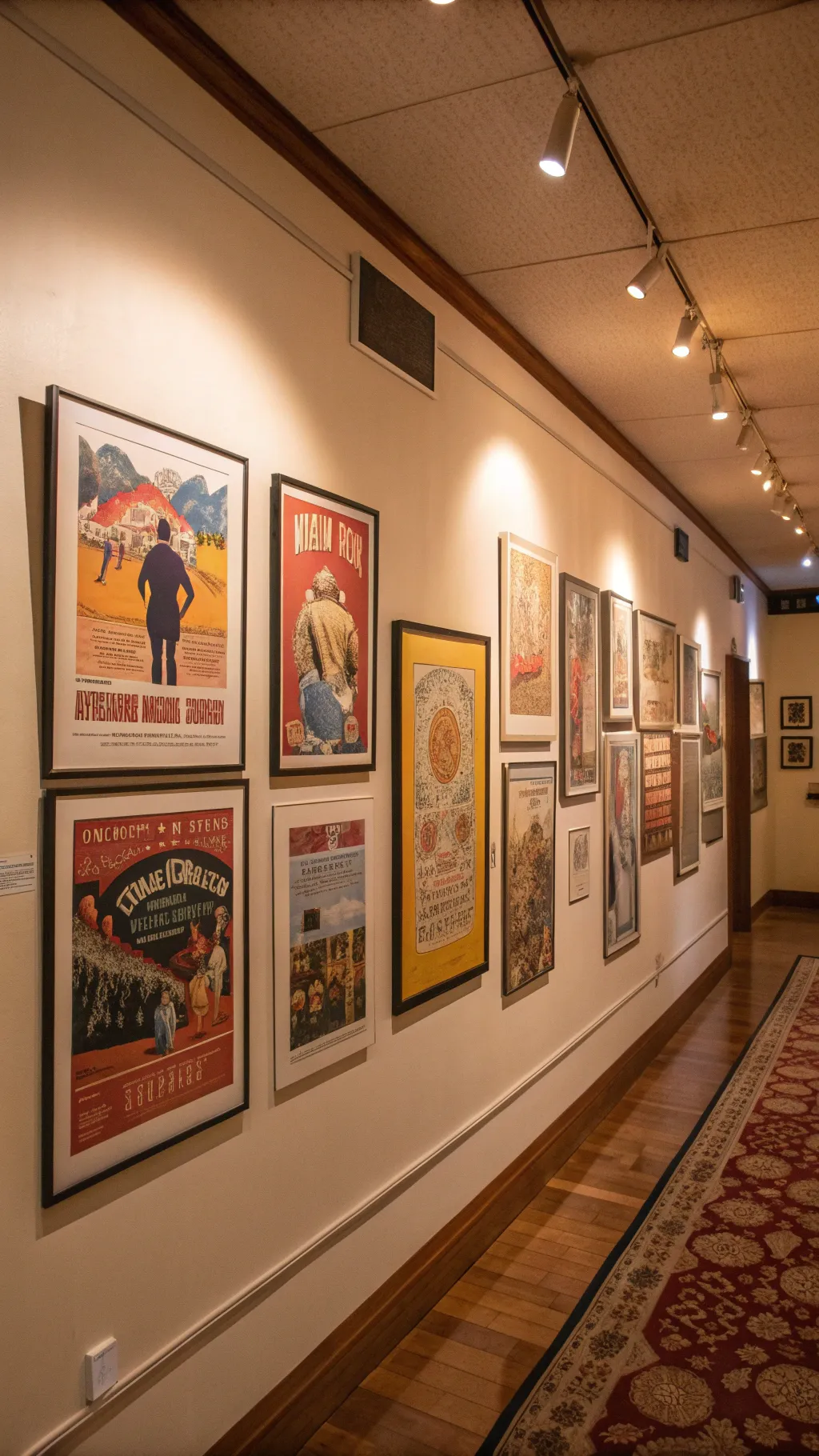 A gallery wall filled with colorful vintage posters in mismatched frames.