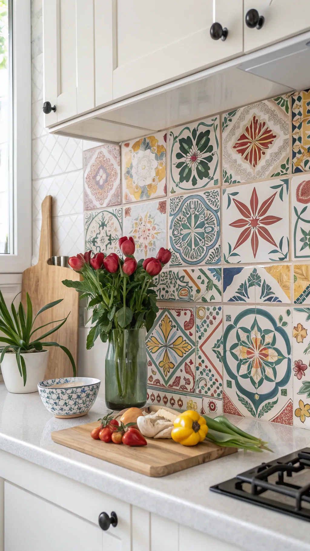 A kitchen backsplash showcasing a mix of colorful floral and geometric tile patterns.