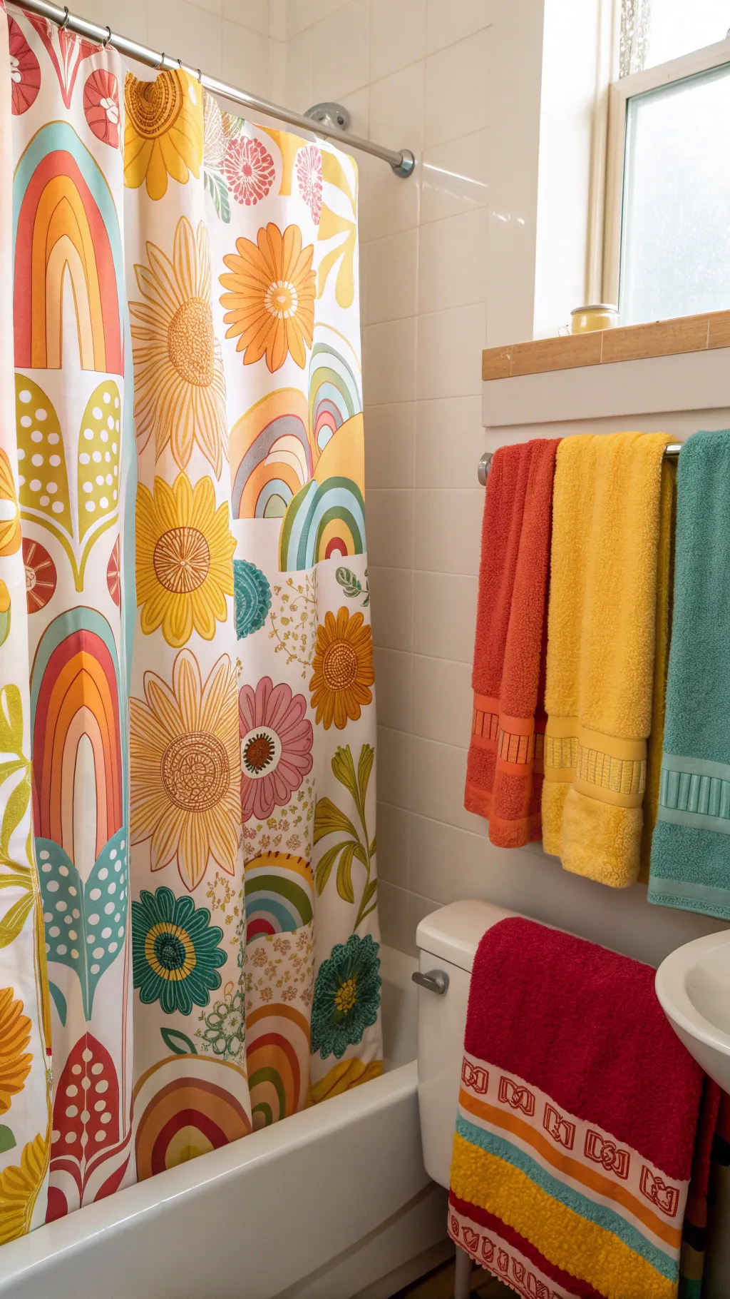 A bathroom decorated with colorful 70s-style accessories and patterns.