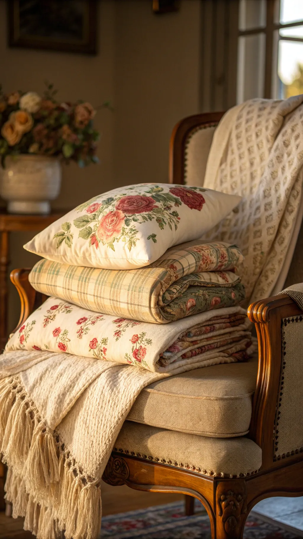 A vintage chair adorned with layered textiles and warm, inviting throws.