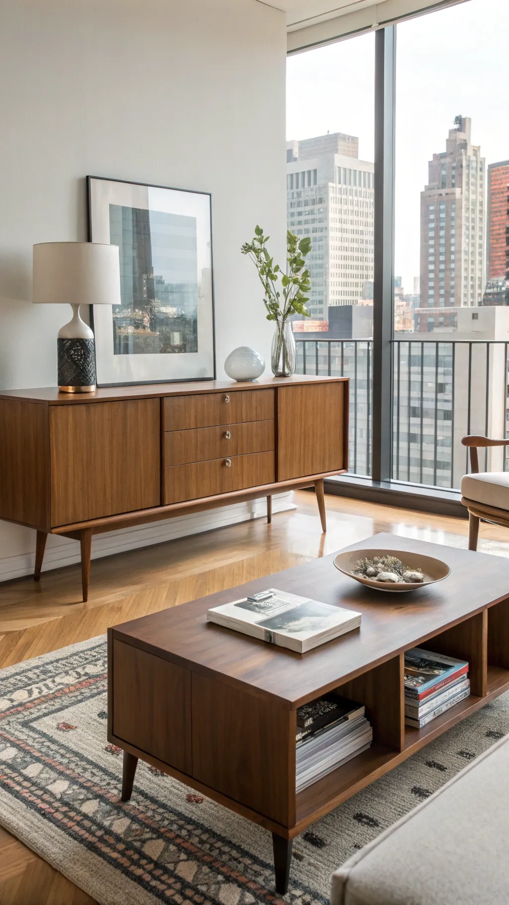 An urban apartment featuring midcentury modern furniture and decor.