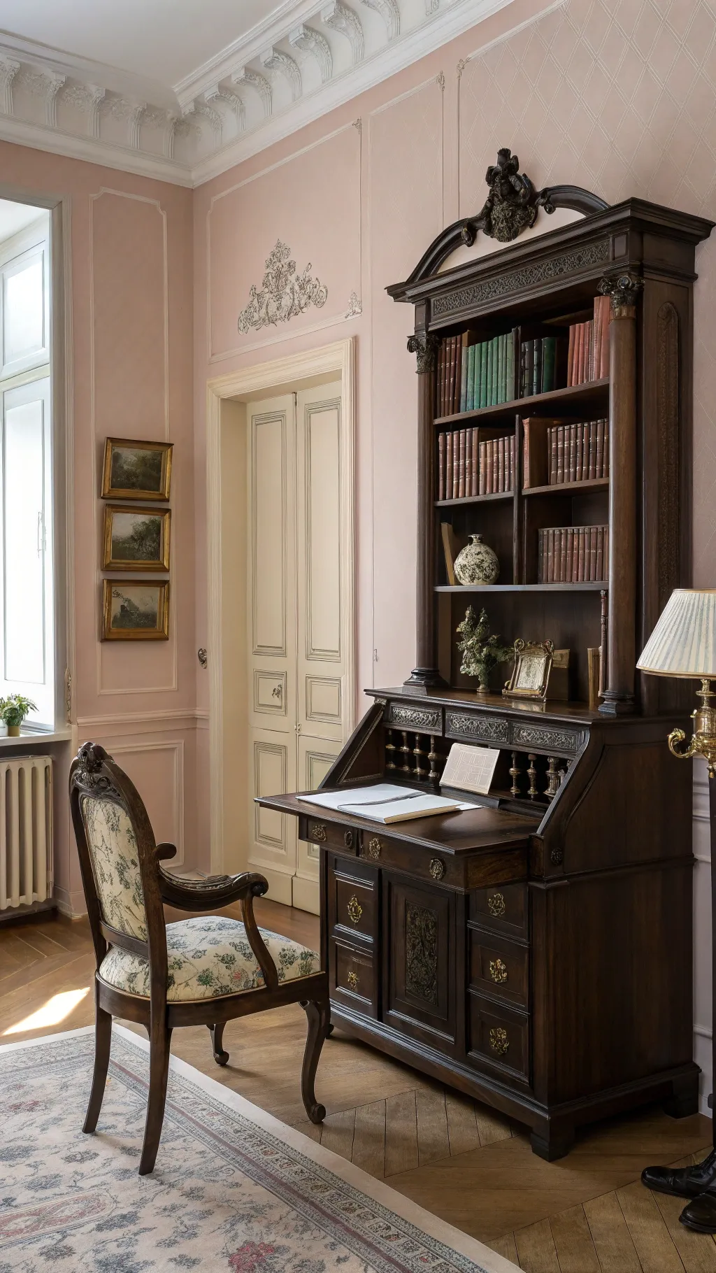 A cozy room with dark wood furniture and soft pastel decor.