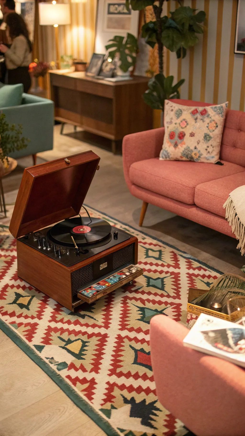 A living room showcasing retro design features and vibrant decor.