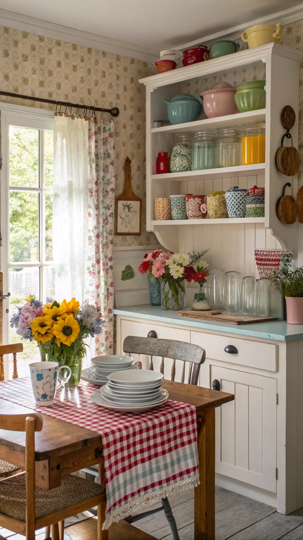 A kitchen decorated with vintage dishware and colorful decor elements.