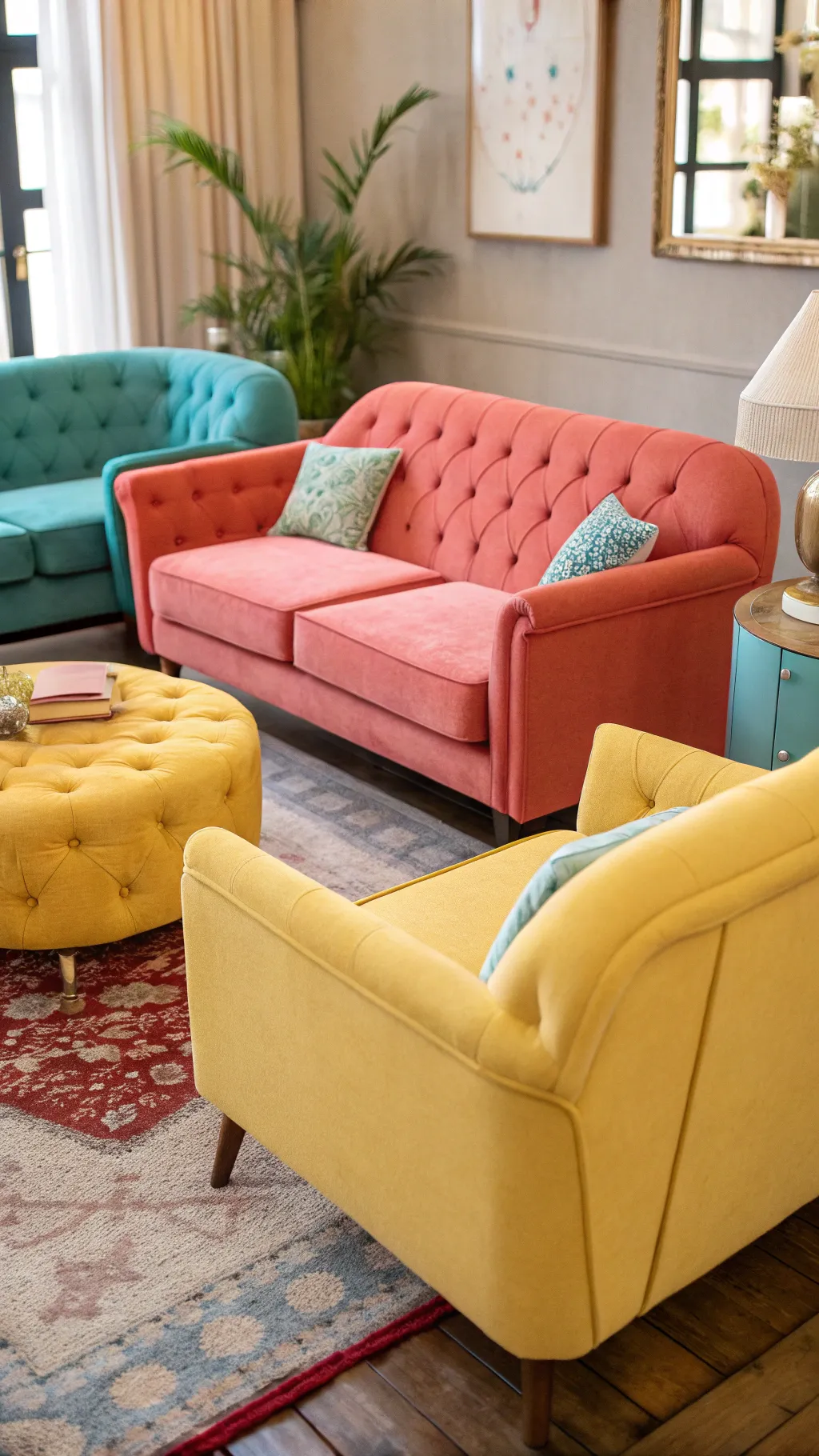 A living room with colorful retro couches arranged for conversation.