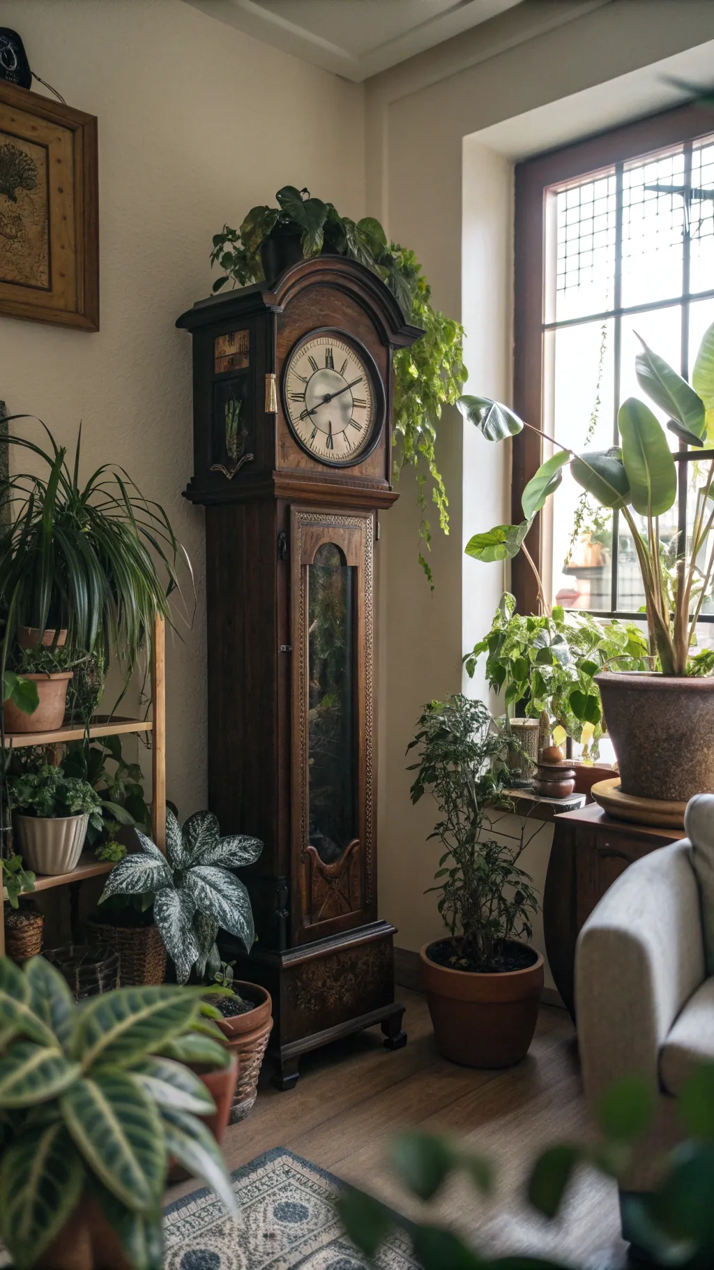 A vintage clock paired with greenery in a cozy living room setting.