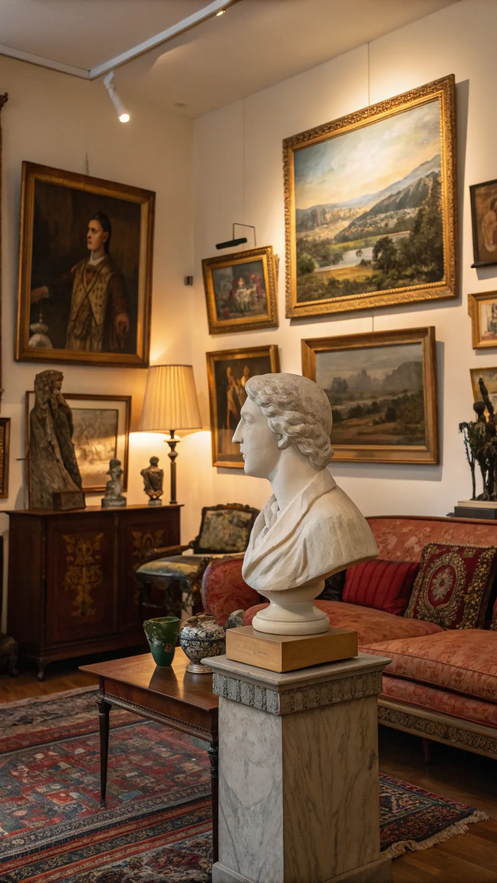 A living room showcasing a collection of antique art pieces.