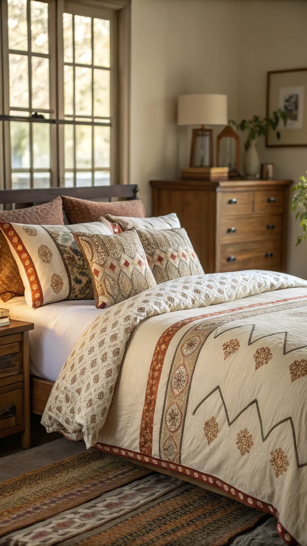 A bedroom with vintage patterned bedding and modern decor.