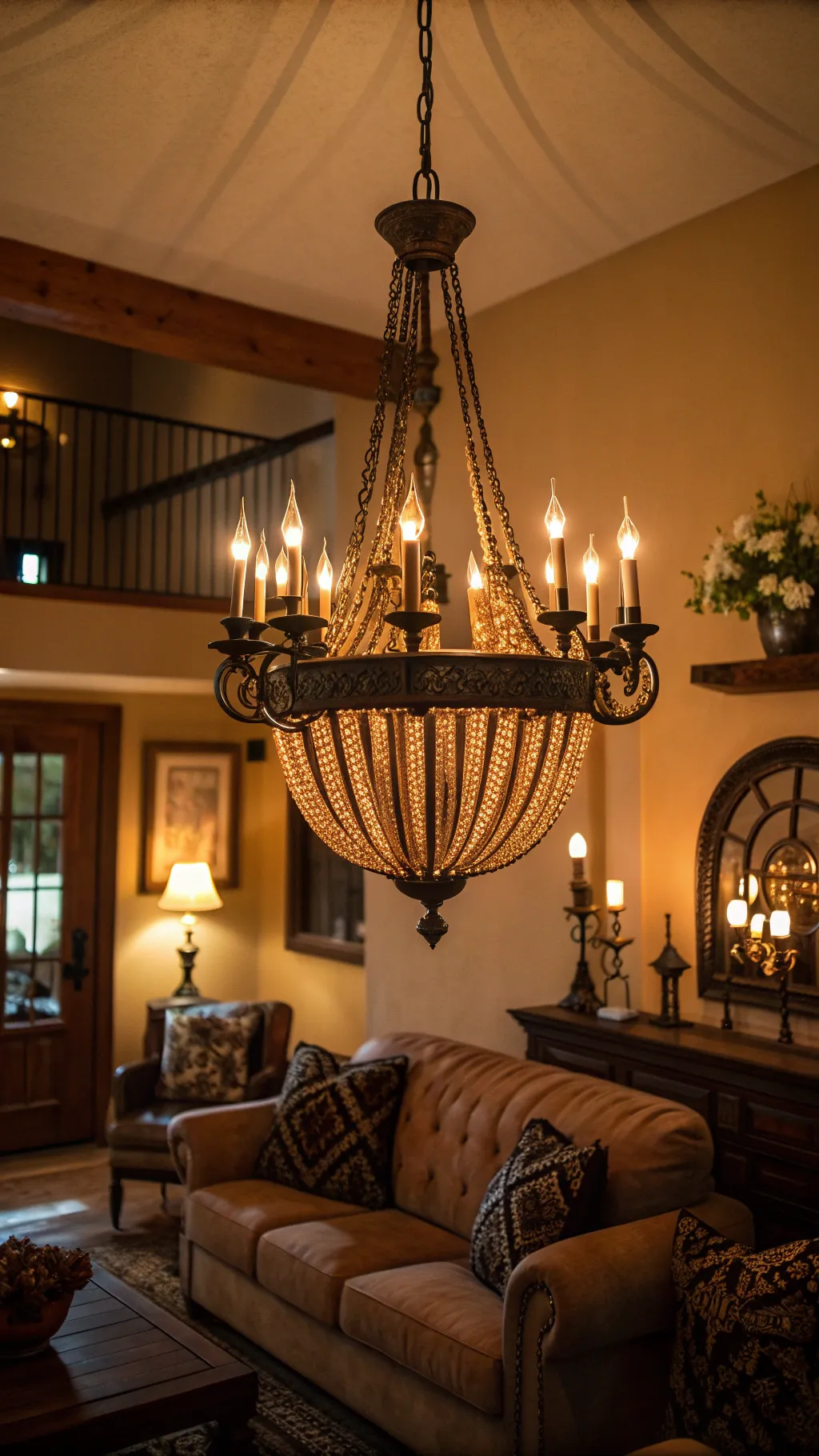 A vintage chandelier providing warm light in a cozy living room.