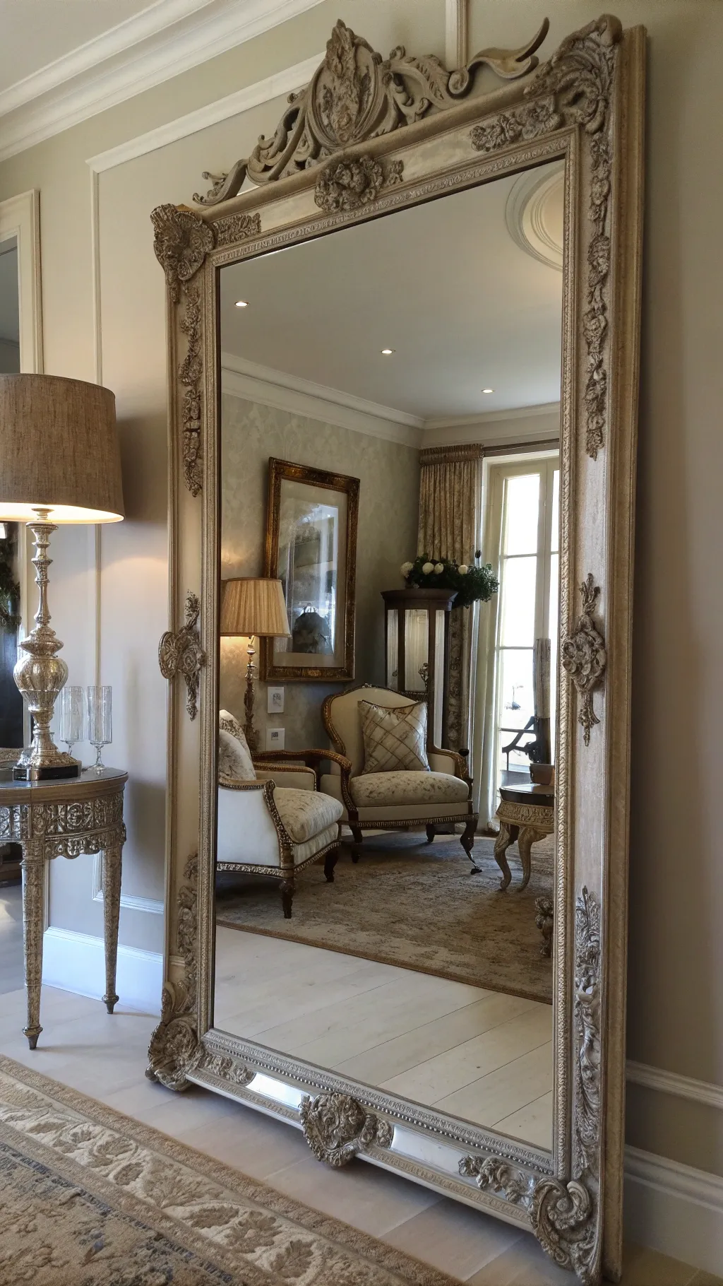 An antique mirror reflecting light in a stylish living space.