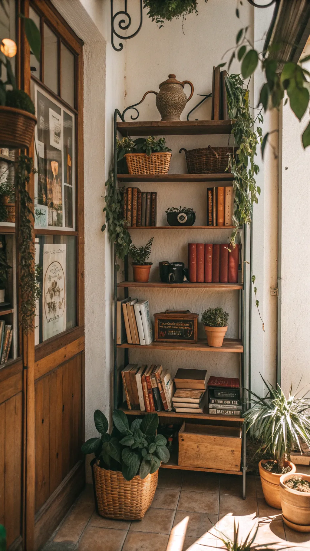 Vintage shelves showcasing collectibles and plants in a cozy room.