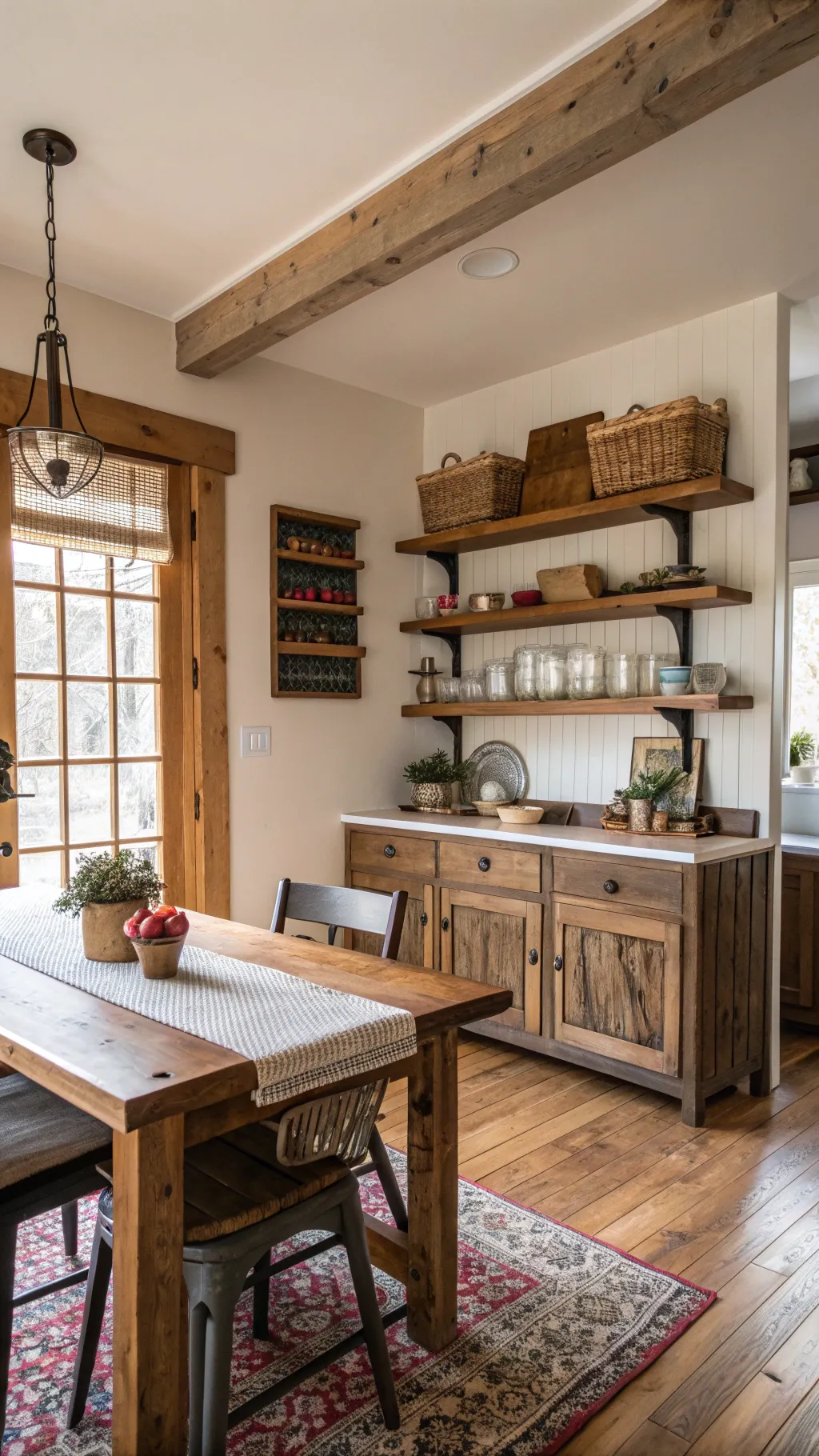 A cozy apartment featuring rustic farmhouse decor and wooden accents.