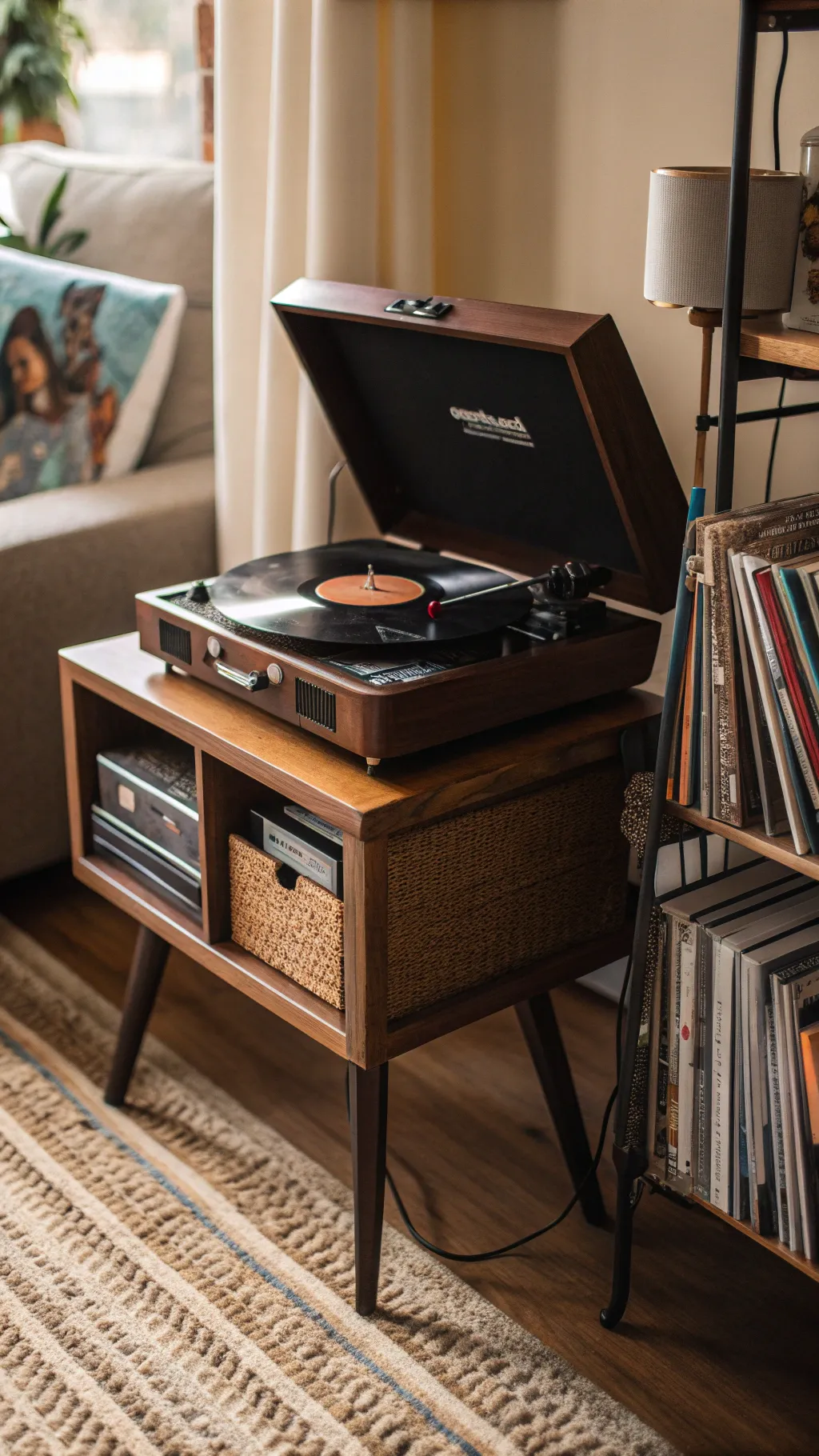 A vintage record player and vinyl records in a cozy living room.