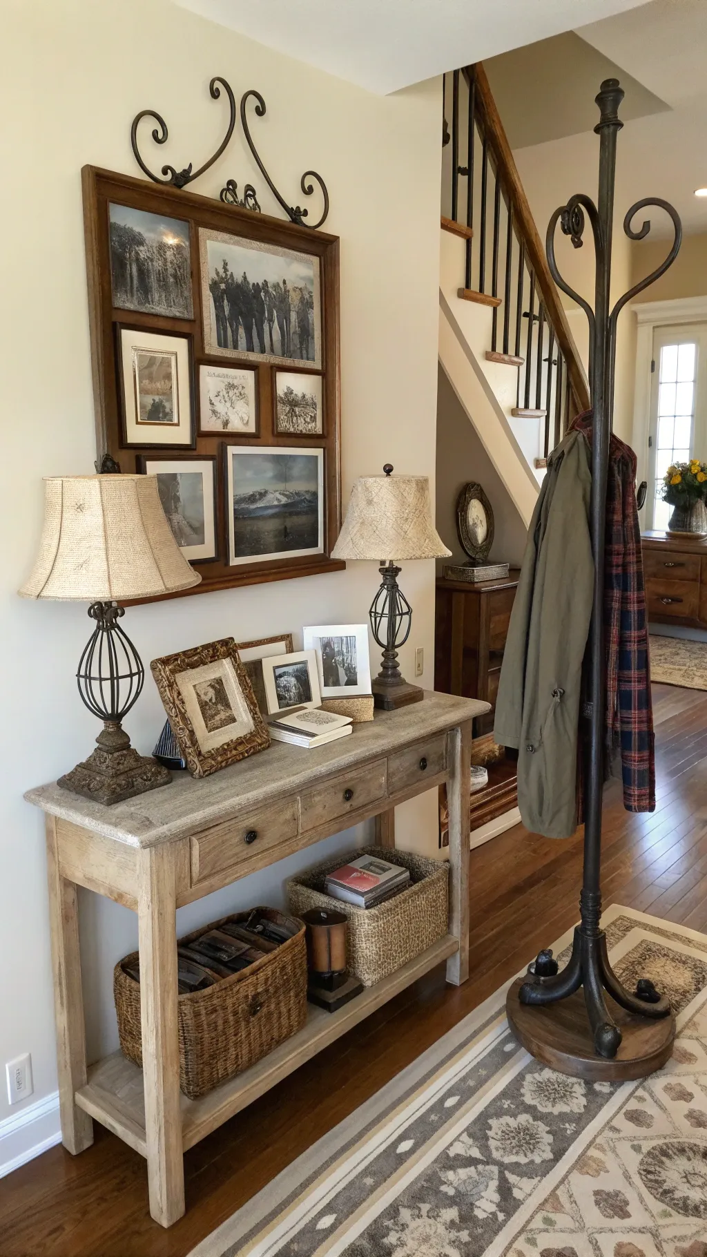 An entryway decorated with unique vintage furniture and decor.