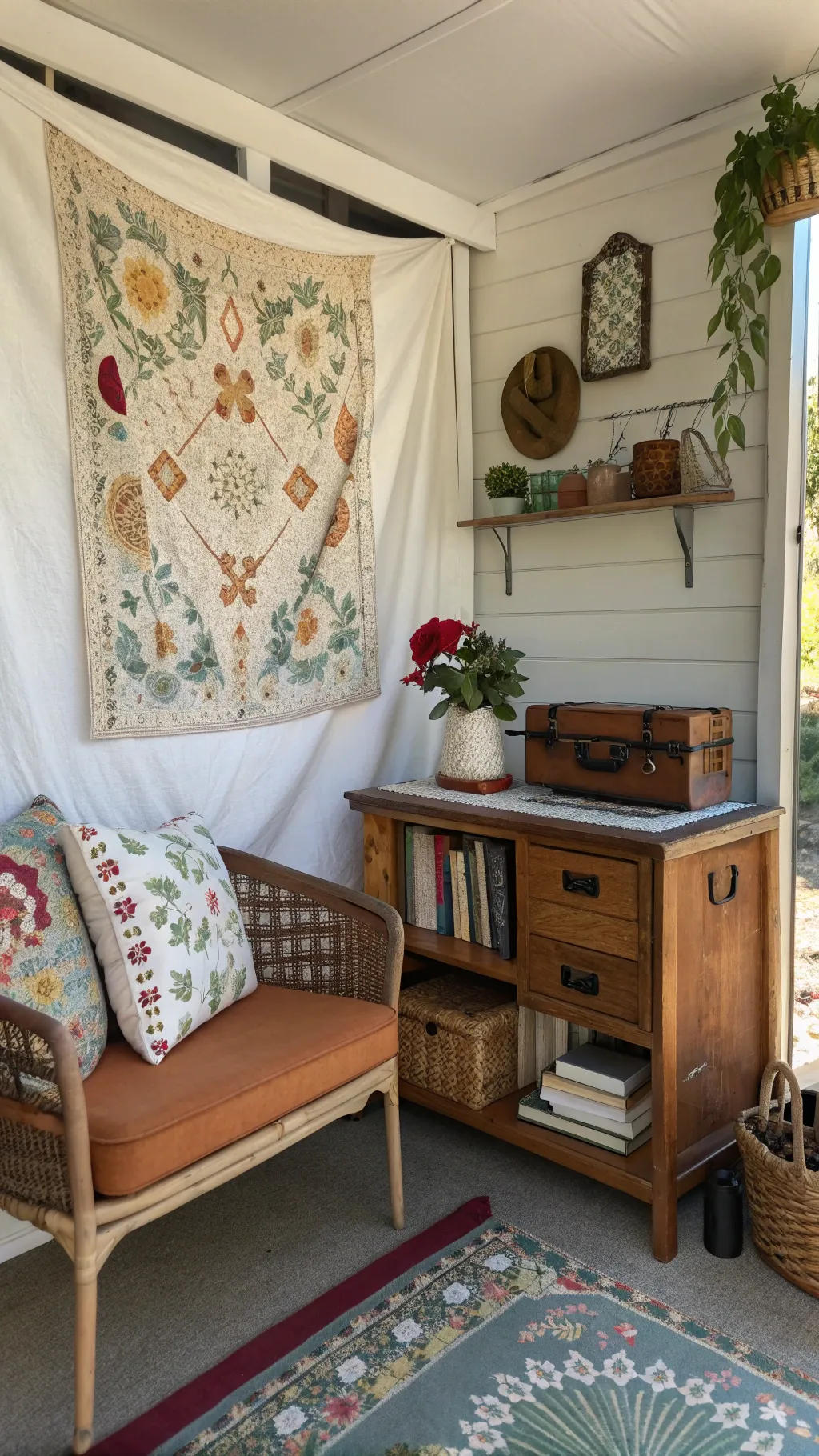 A small space featuring DIY vintage decor and creative upcycled items.