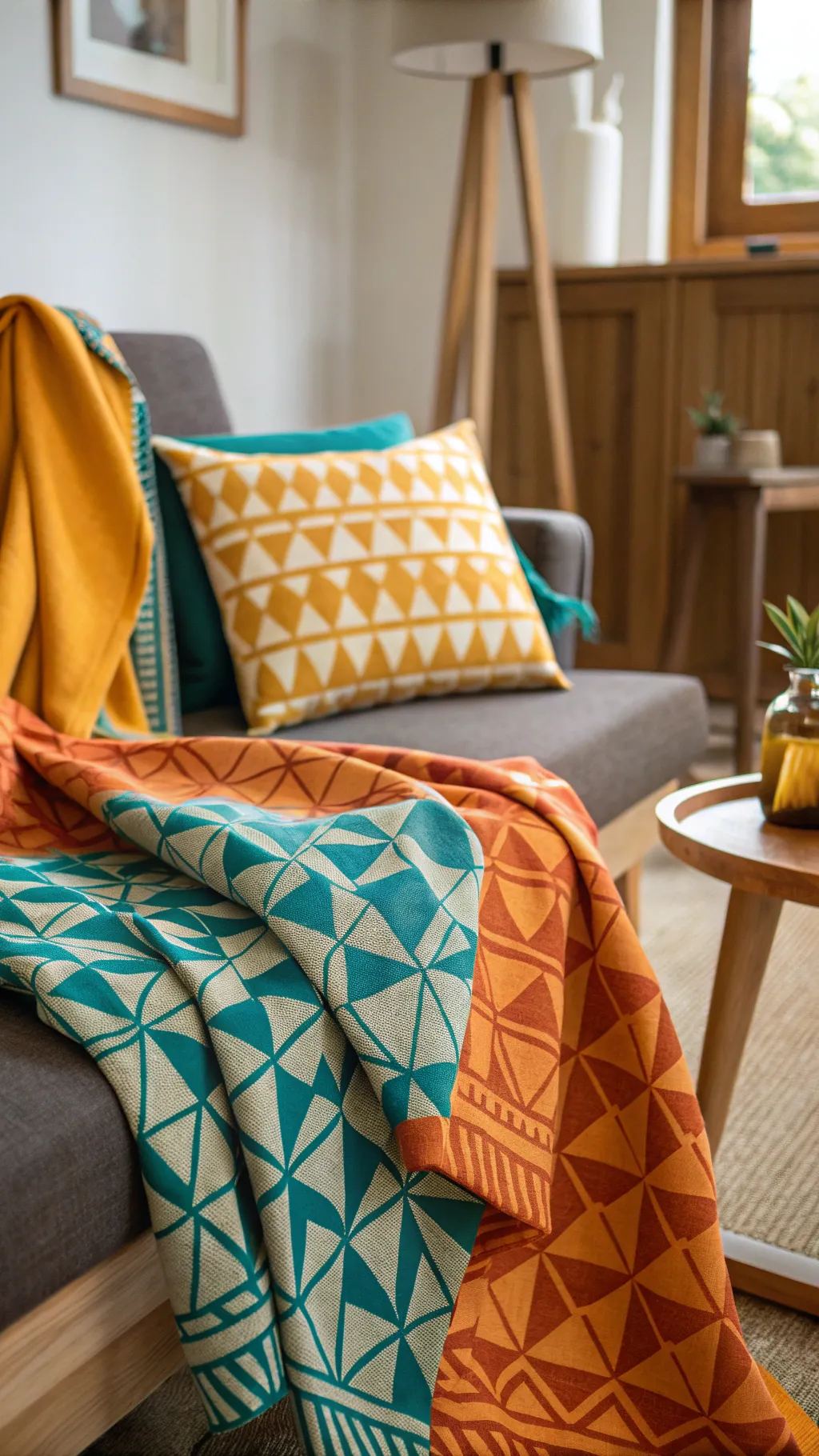 Vibrant fabrics with bold geometric patterns in a cozy living room setting.