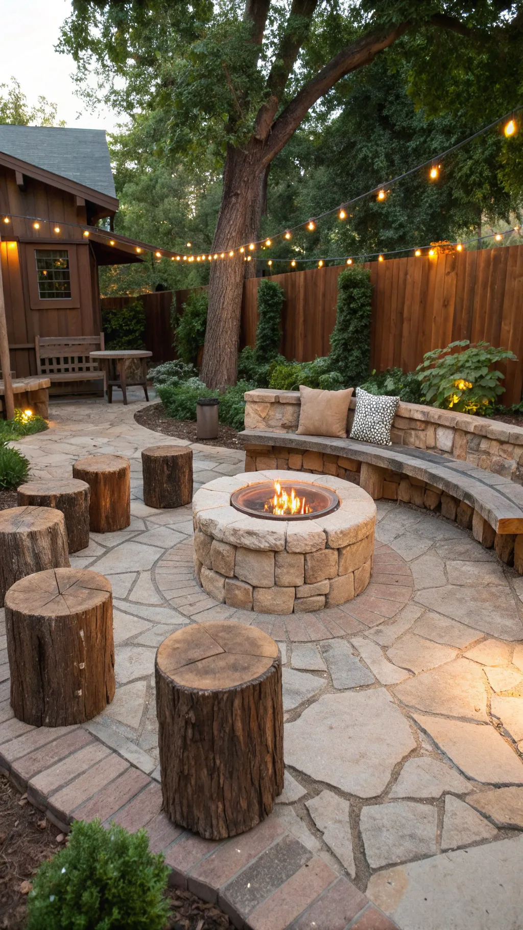 A cozy circular stone fire pit surrounded by rustic wooden seating in a lush backyard.