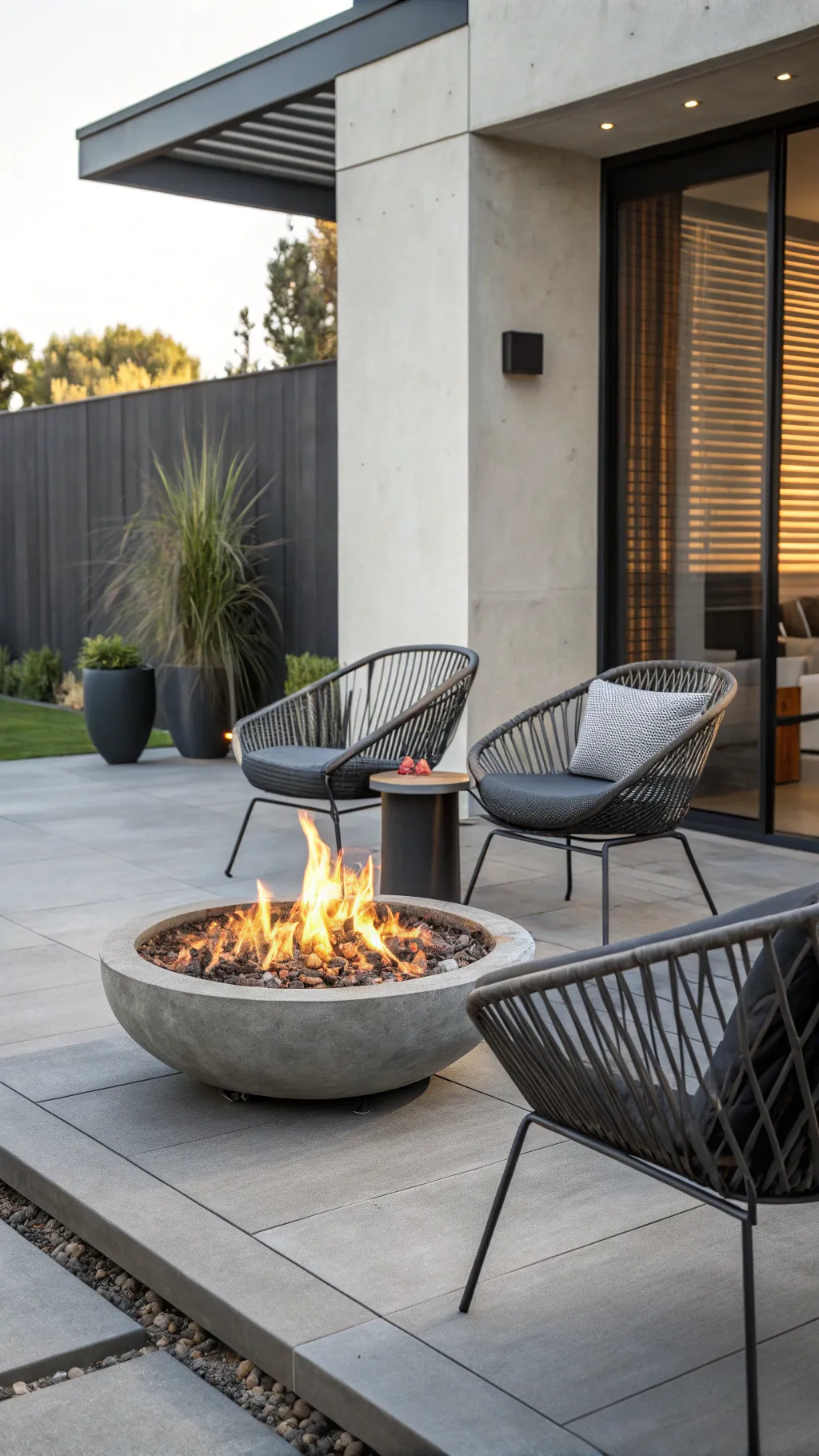 A contemporary gas fire pit with sleek metal patio furniture in a modern outdoor space.