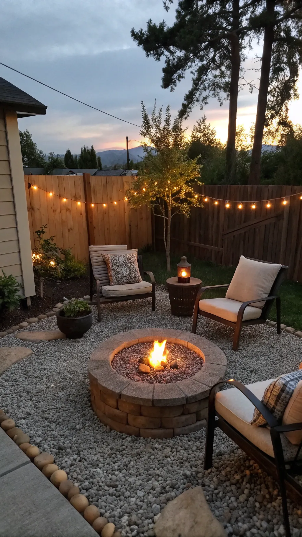 A cozy small fire pit surrounded by gravel in a charming outdoor nook.