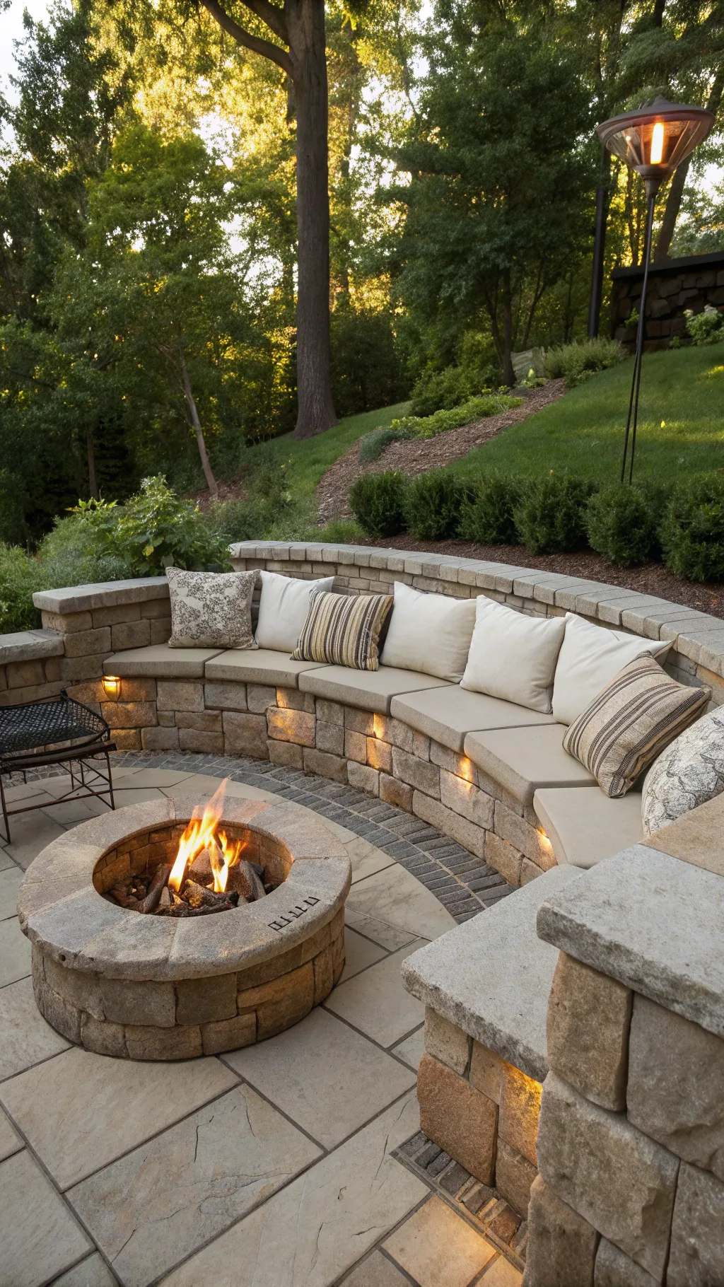 A fire pit with built-in stone seating and cushions in a lush outdoor setting.