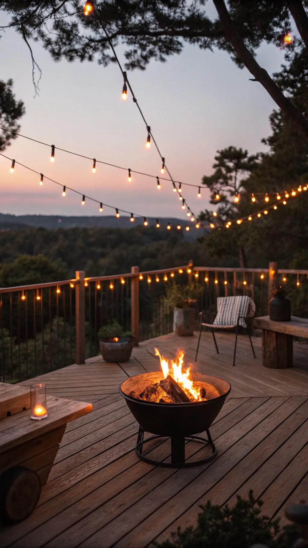 A fire pit on a wooden deck illuminated by string lights in a cozy evening setting.
