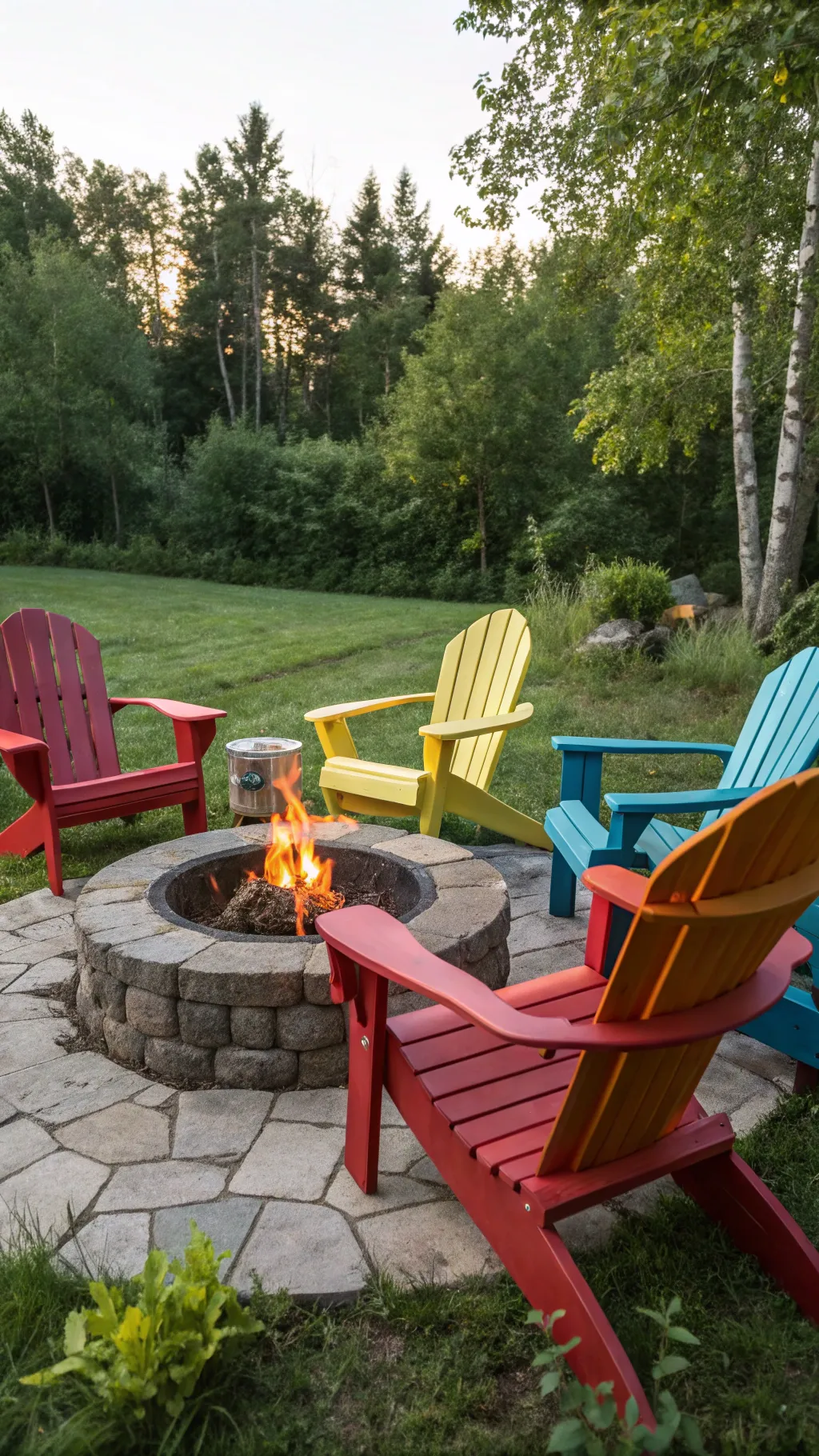 A fire pit surrounded by colorful Adirondack chairs in a vibrant outdoor setting.