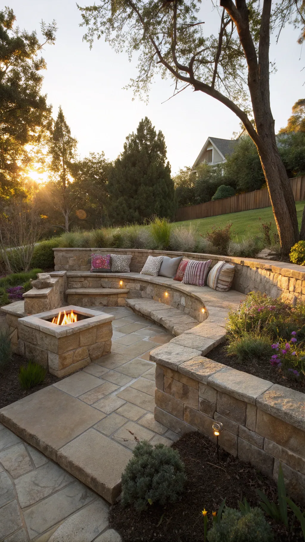 A sunken fire pit area with retaining walls and cozy seating in a serene backyard.