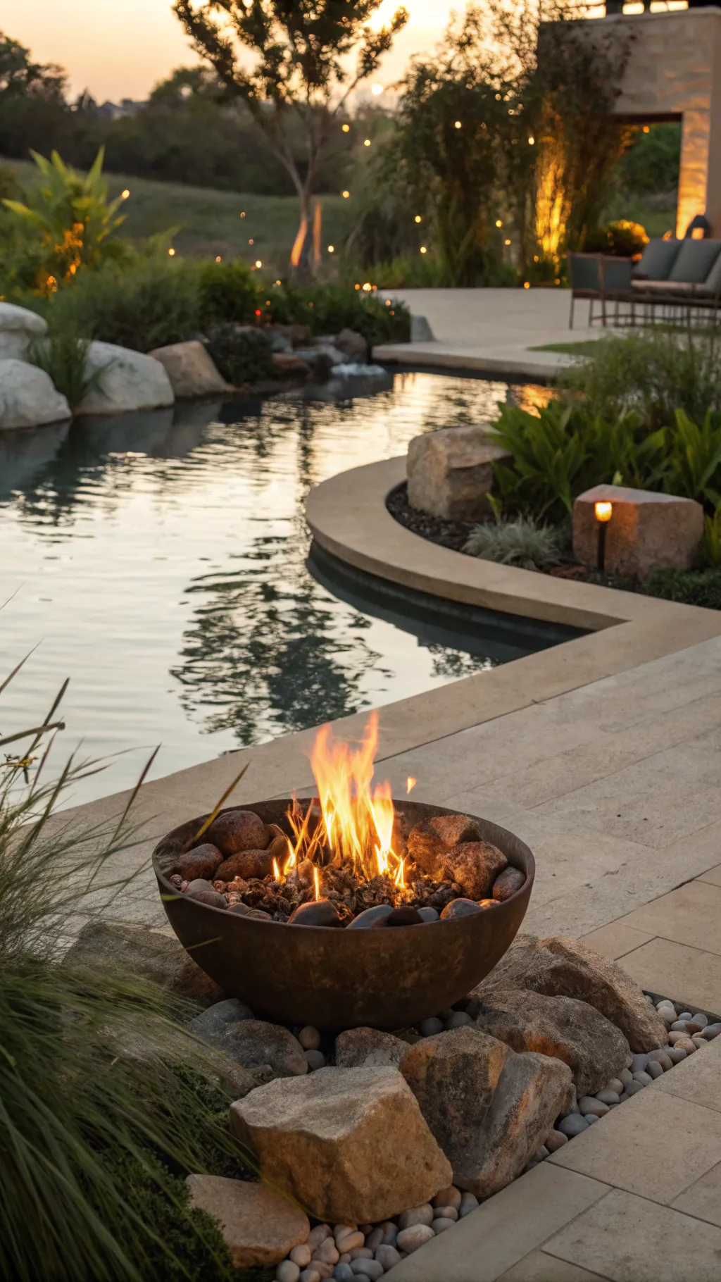 A fire pit beside a tranquil water feature in a serene outdoor setting.