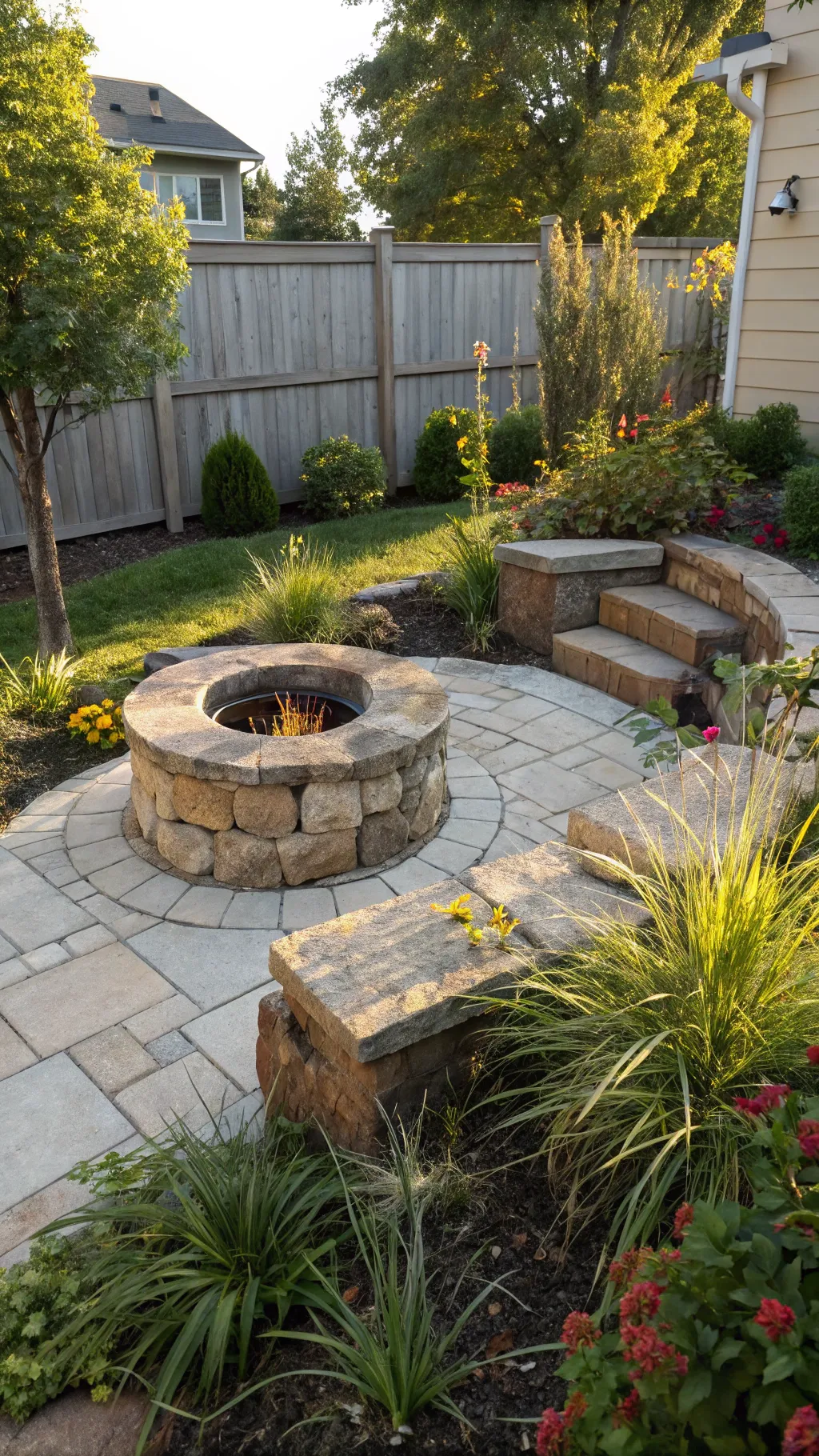 A DIY stone fire pit surrounded by vibrant edging plants in a beautiful backyard.