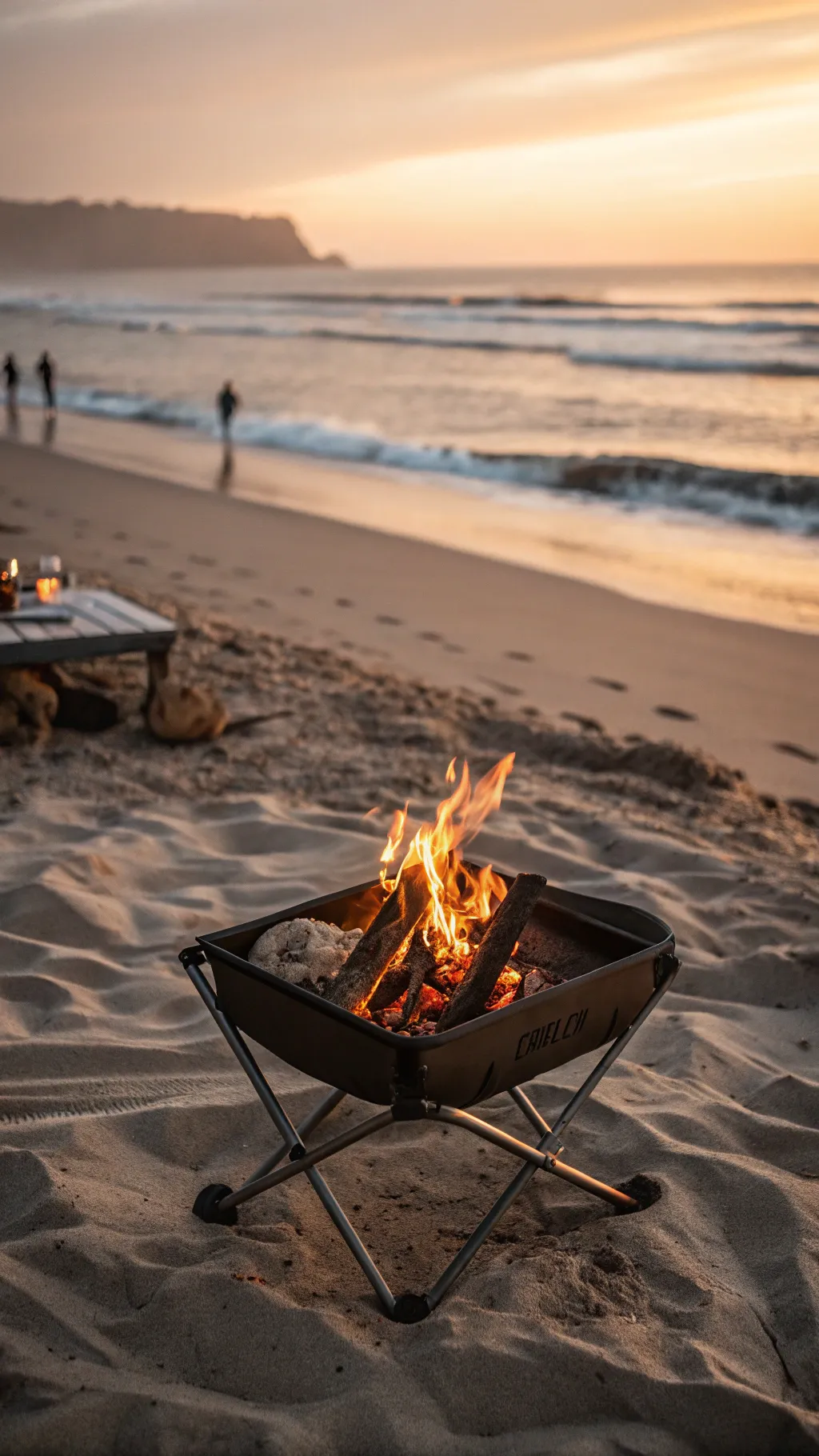 A portable fire pit set up on a beach during sunset for gatherings.