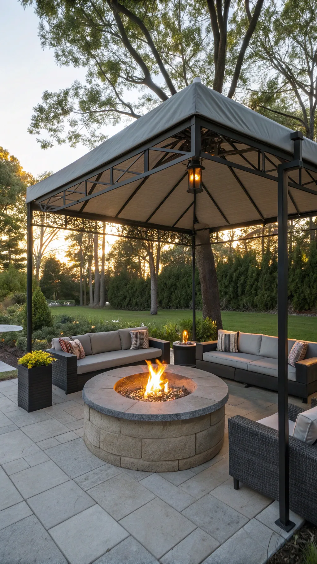 A fire pit with a retractable canopy and comfortable seating in an outdoor space.