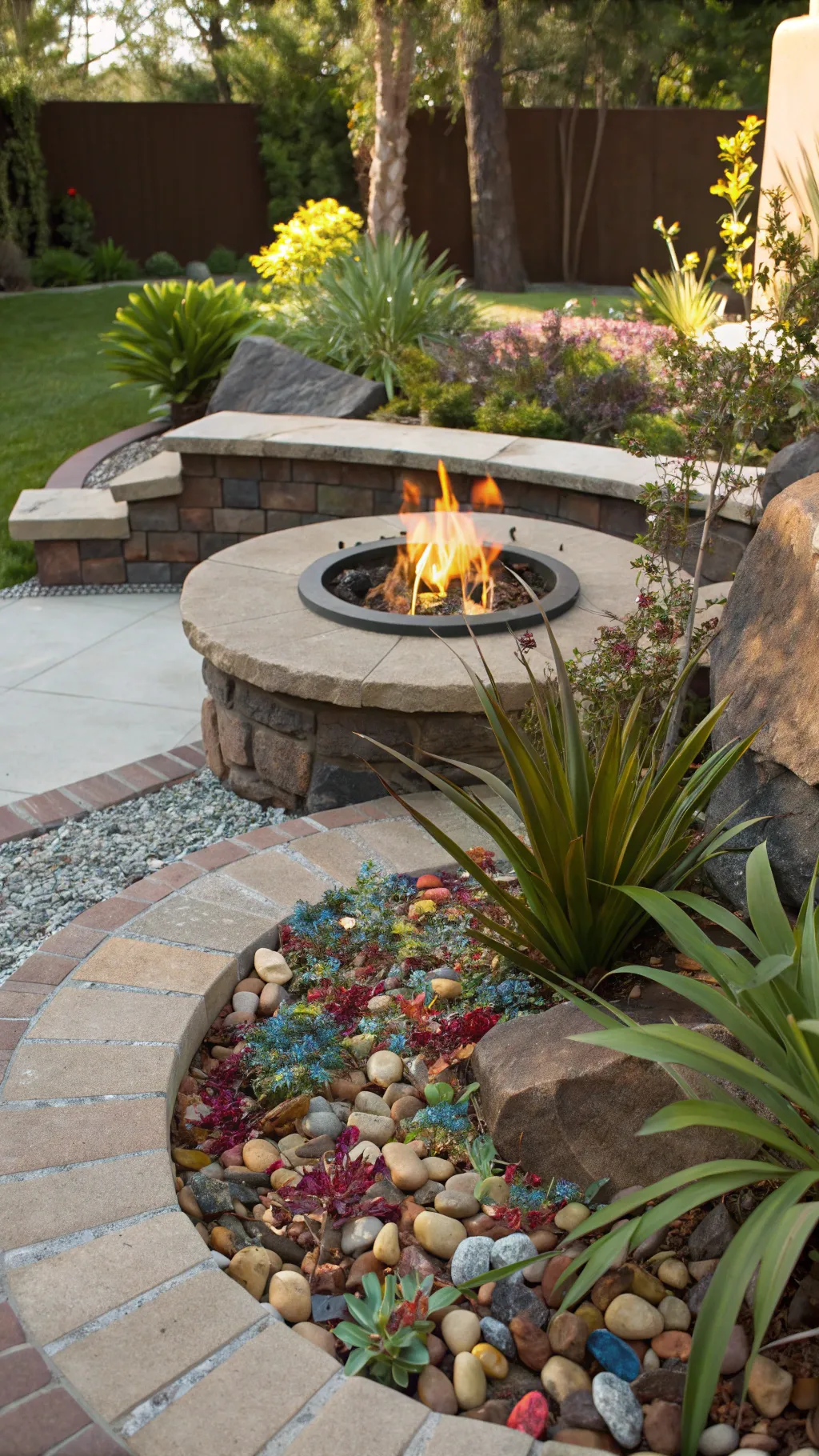 A fire pit surrounded by decorative rocks and fire-resistant plants in a vibrant outdoor setting.