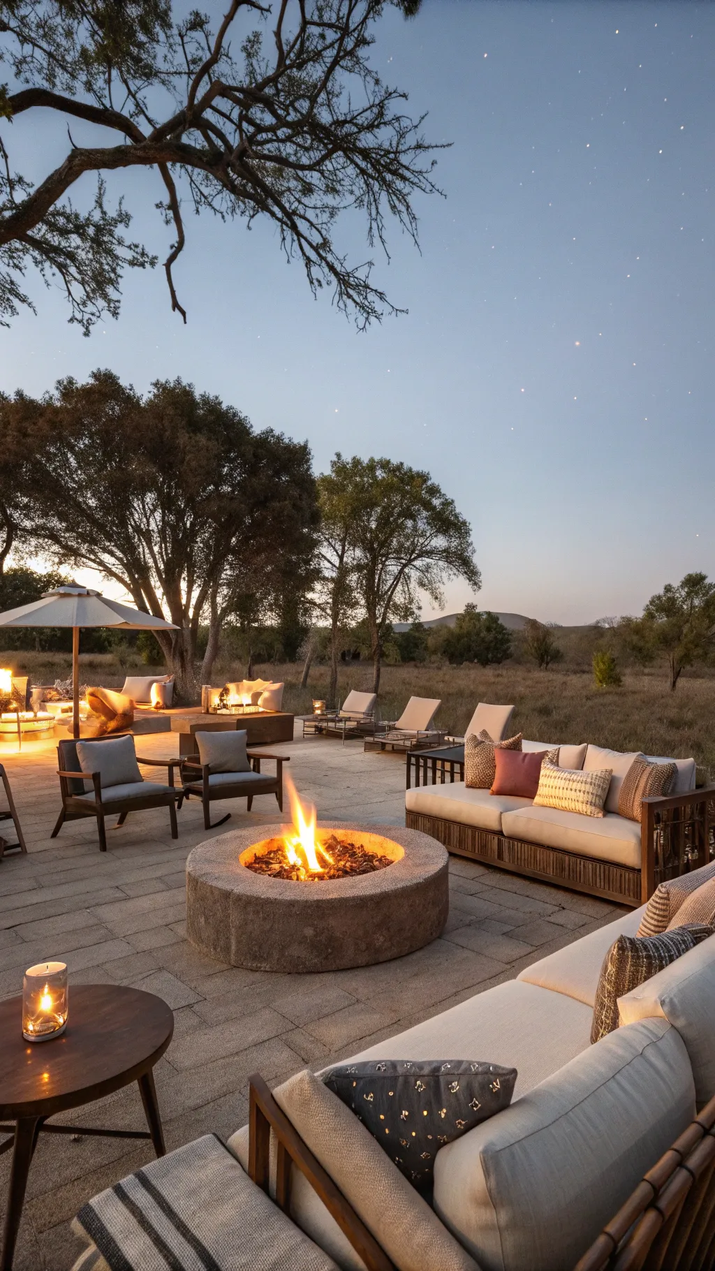 An inviting outdoor lounge area featuring a fire pit as the centerpiece.