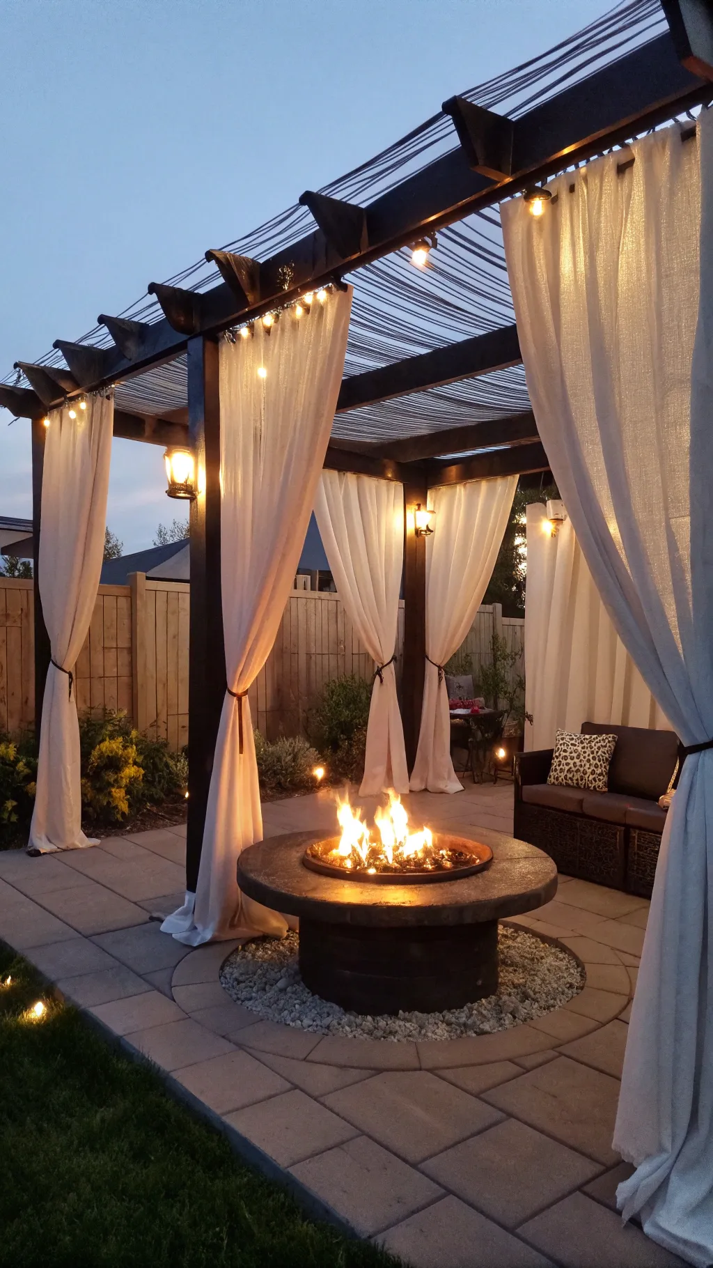 A fire pit under a pergola with draped fabrics in a cozy outdoor setting.