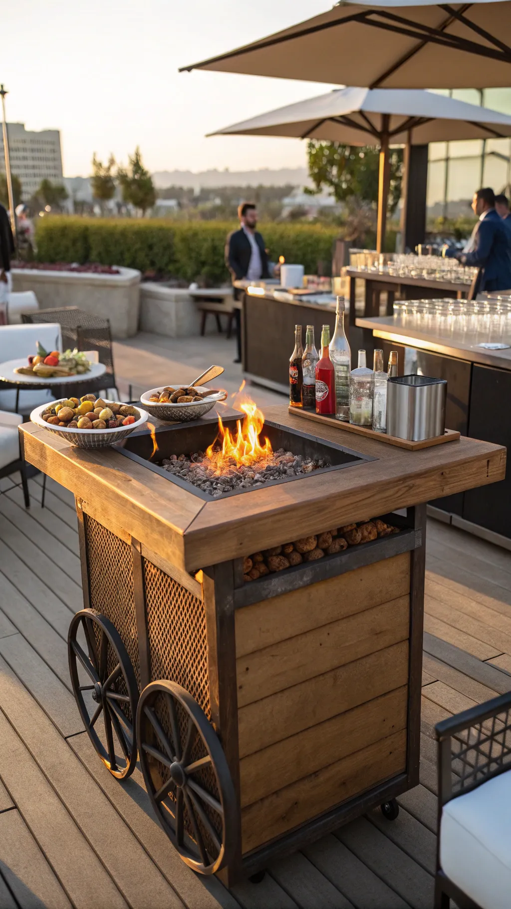A fire pit with an outdoor bar setup, creating an inviting entertaining space.