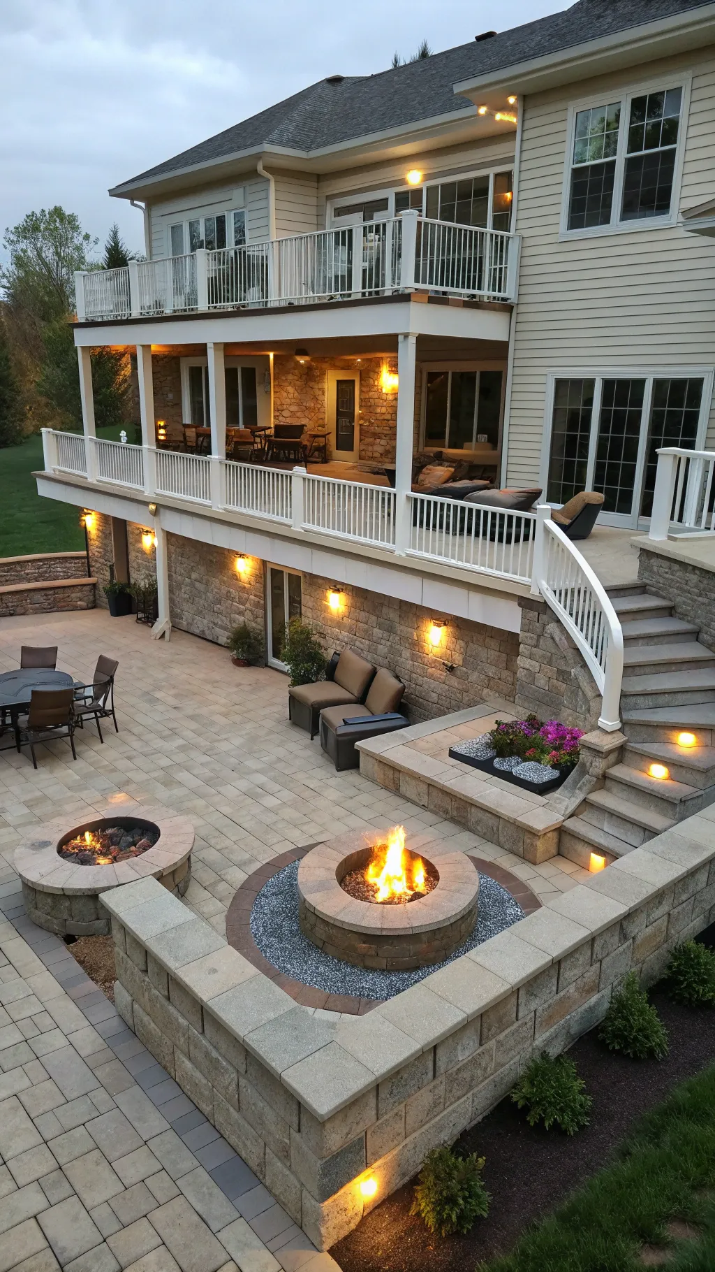 A multi-level patio featuring fire pits on each level in a spacious backyard.